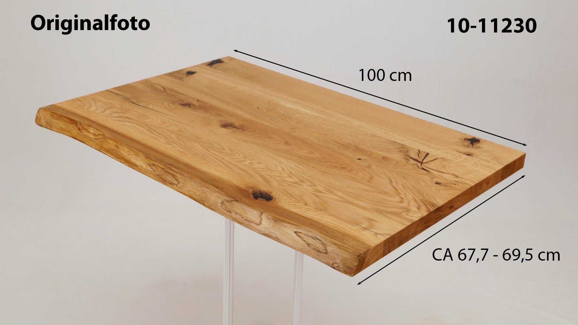 Eichenholz-Tischplatte Nummer 10-11230, Länge 100 cm cm, Breite ca. 67.7 cm–69.5 cm, mit gebürsteter Baumkante, geschliffen, 2 Schichten italienisches Öl, Äste und Risse mit Epoxidharz