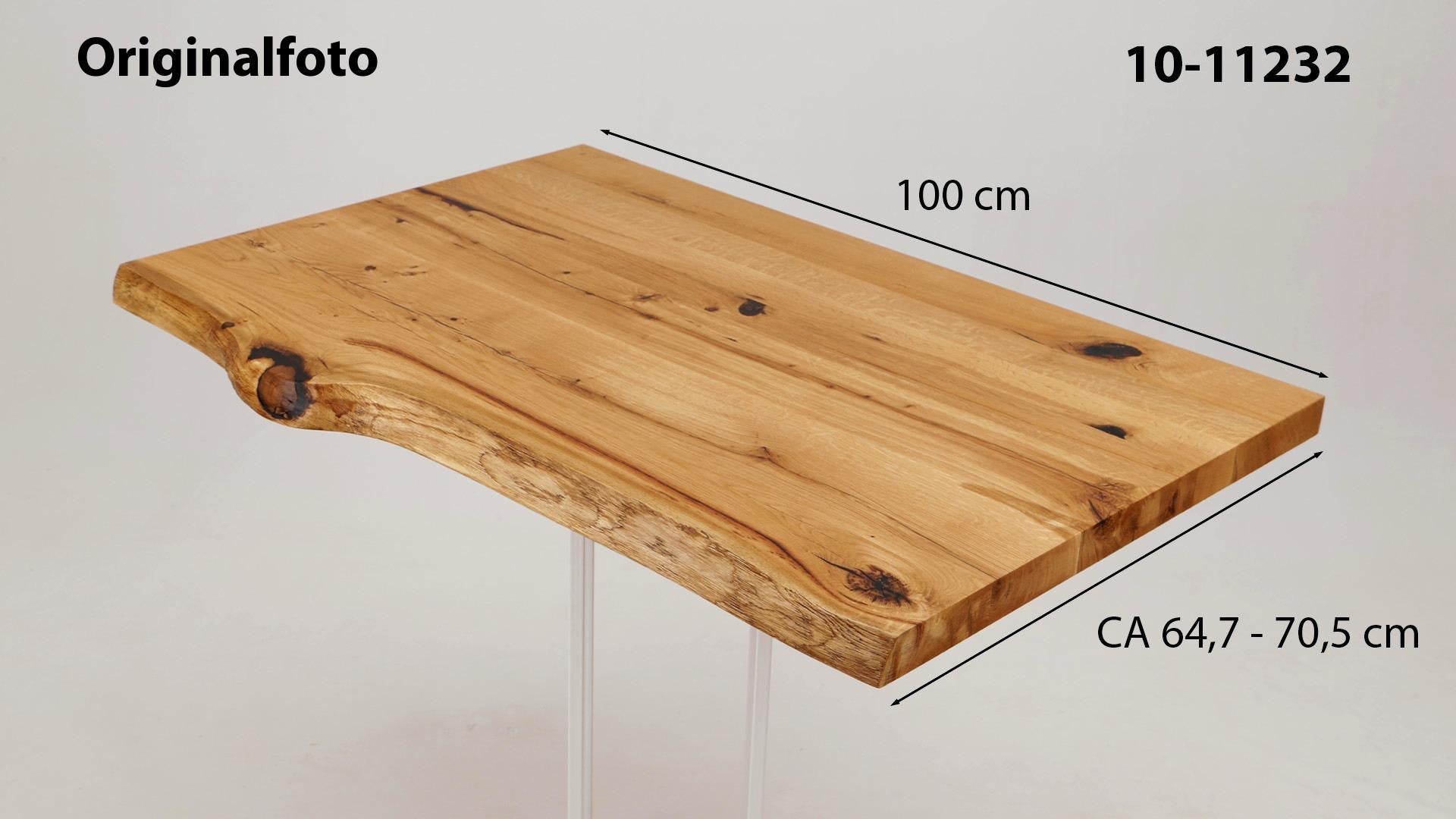 Eichenholz-Tischplatte Nummer 10-11232, Länge 100 cm cm, Breite ca. 64.7 cm–70.5 cm, mit gebürsteter Baumkante, geschliffen, 2 Schichten italienisches Öl, Äste und Risse mit Epoxidharz