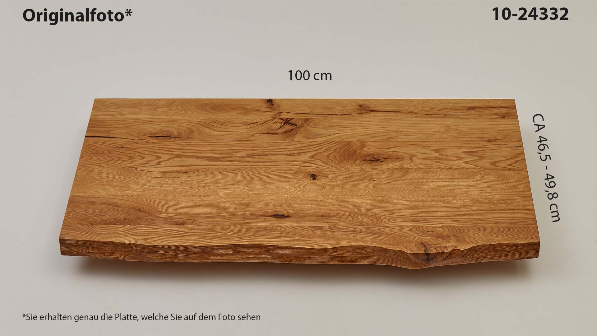 Eichenholz-Tischplatte Nummer 10-24332, Länge 100 cm cm, Breite ca. 46.5 cm–49.8 cm, mit gebürsteter Baumkante, geschliffen, 2 Schichten italienisches Öl, Äste und Risse mit Epoxidharz