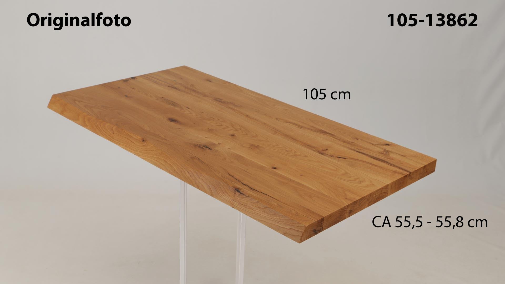 Eichenholz-Tischplatte Nummer 105-13862, Länge 105 cm cm, Breite ca. 55.5 cm–55.8 cm, mit gebürsteter Baumkante, geschliffen, 2 Schichten italienisches Öl, Äste und Risse mit Epoxidharz