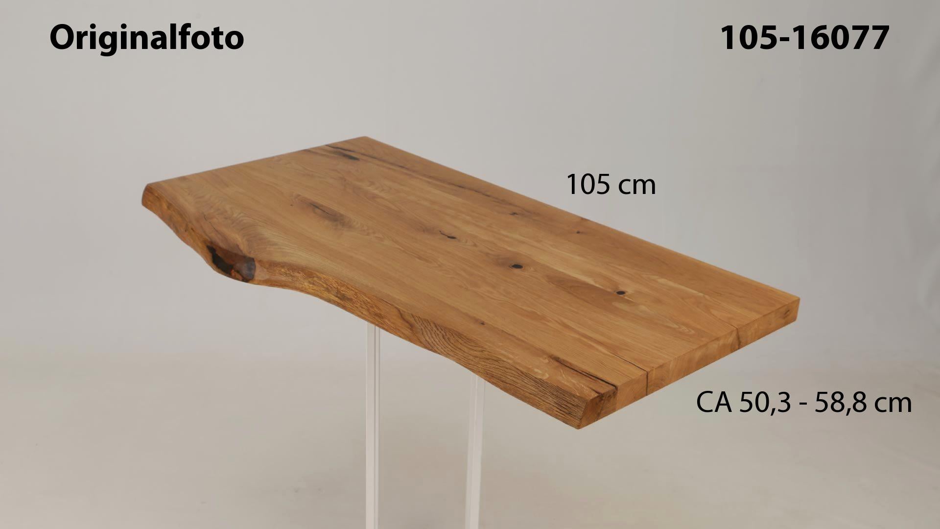 Eichenholz-Tischplatte Nummer 105-16077, Länge 105 cm cm, Breite ca. 50.3 cm–58.8 cm, mit gebürsteter Baumkante, geschliffen, 2 Schichten italienisches Öl, Äste und Risse mit Epoxidharz