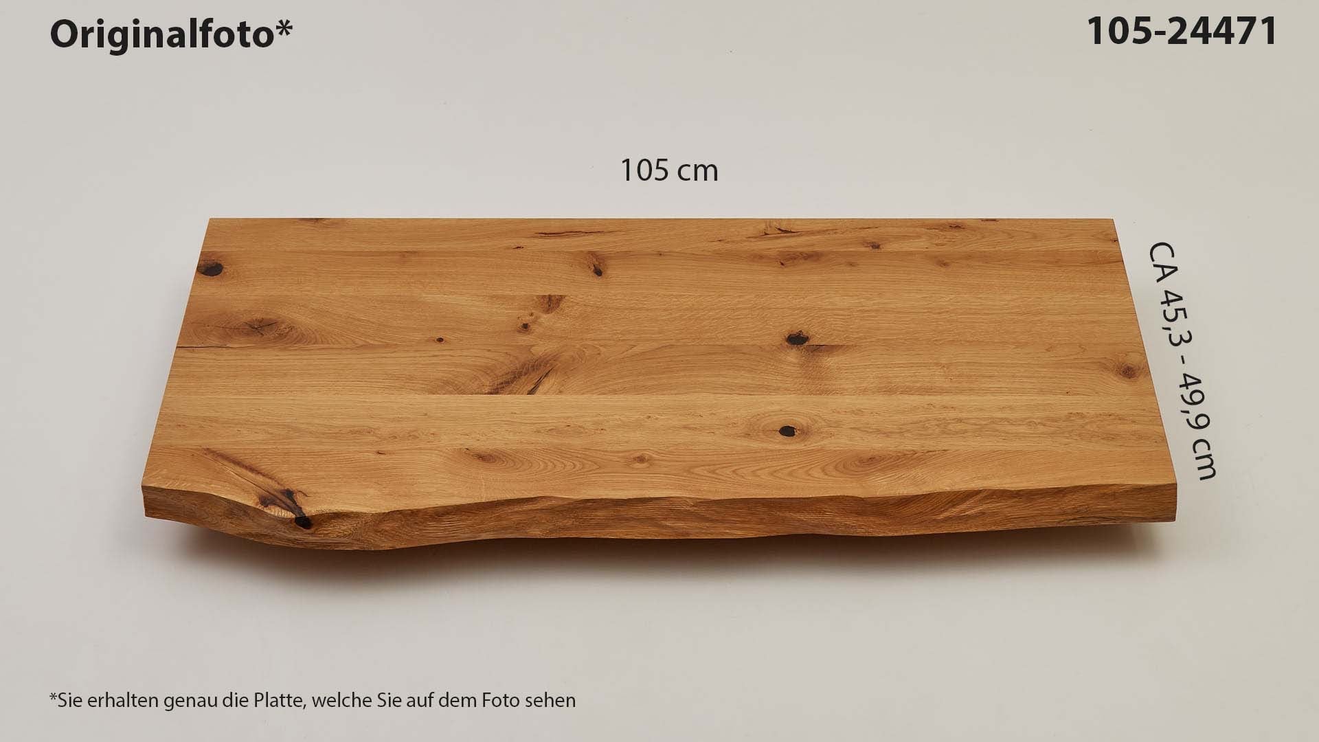 Eichenholz-Tischplatte Nummer 105-24471, Länge 105 cm cm, Breite ca. 45.3 cm–49.9 cm, mit gebürsteter Baumkante, geschliffen, 2 Schichten italienisches Öl, Äste und Risse mit Epoxidharz