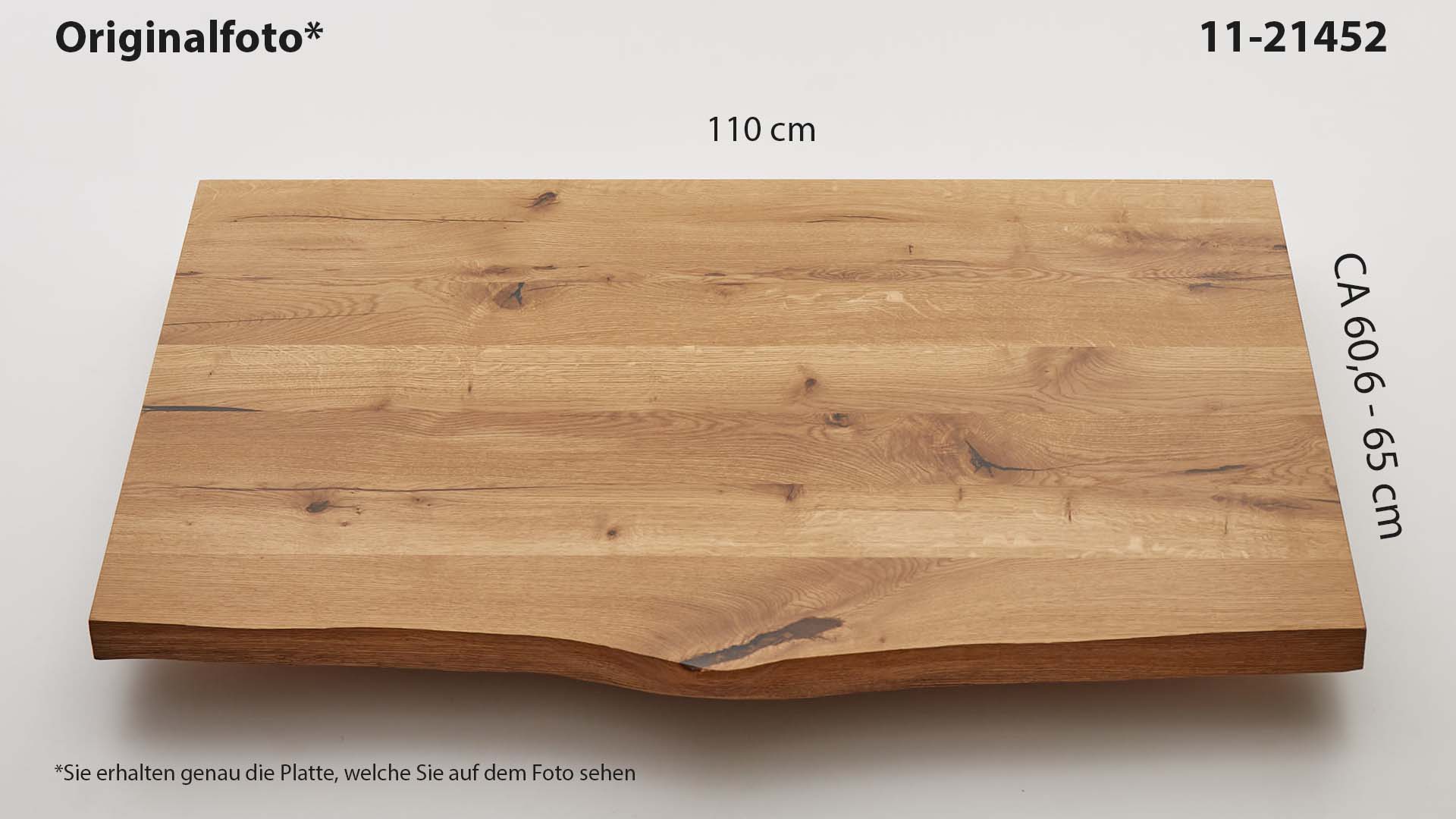 Eichenholz-Tischplatte Nummer 11-21452, Länge 110 cm cm, Breite ca. 60.6 cm–65 cm, mit gebürsteter Baumkante, geschliffen, 2 Schichten italienisches Öl, Äste und Risse mit Epoxidharz