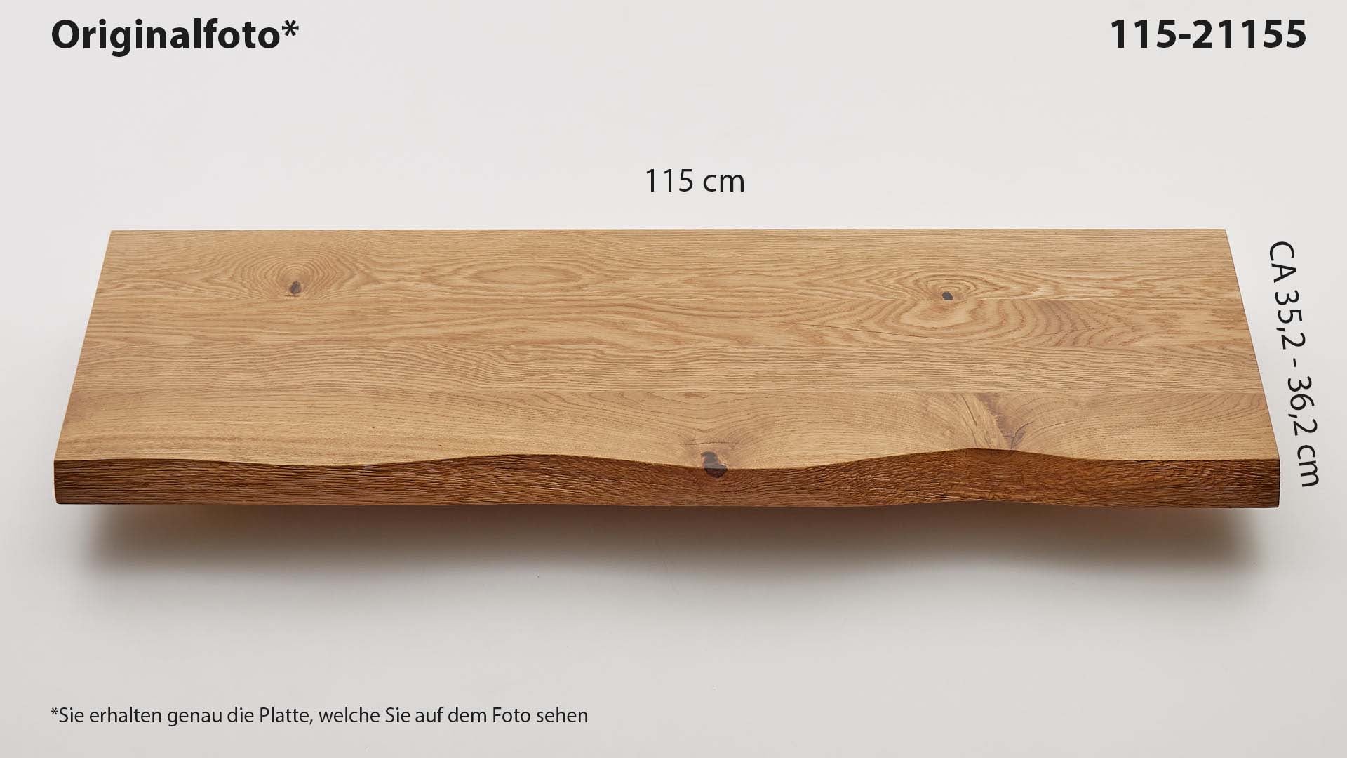 Eichenholz-Tischplatte Nummer 115-21155, Länge 115 cm cm, Breite ca. 35.2 cm–36.2 cm, mit gebürsteter Baumkante, geschliffen, 2 Schichten italienisches Öl, Äste und Risse mit Epoxidharz