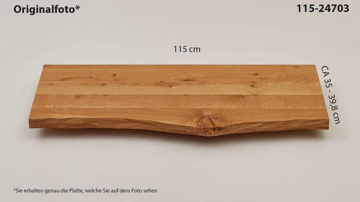 Eichenholz-Tischplatte Nummer 115-24703, Länge 115 cm cm, Breite ca. 35 cm–39.8 cm, mit gebürsteter Baumkante, geschliffen, 2 Schichten italienisches Öl, Äste und Risse mit Epoxidharz