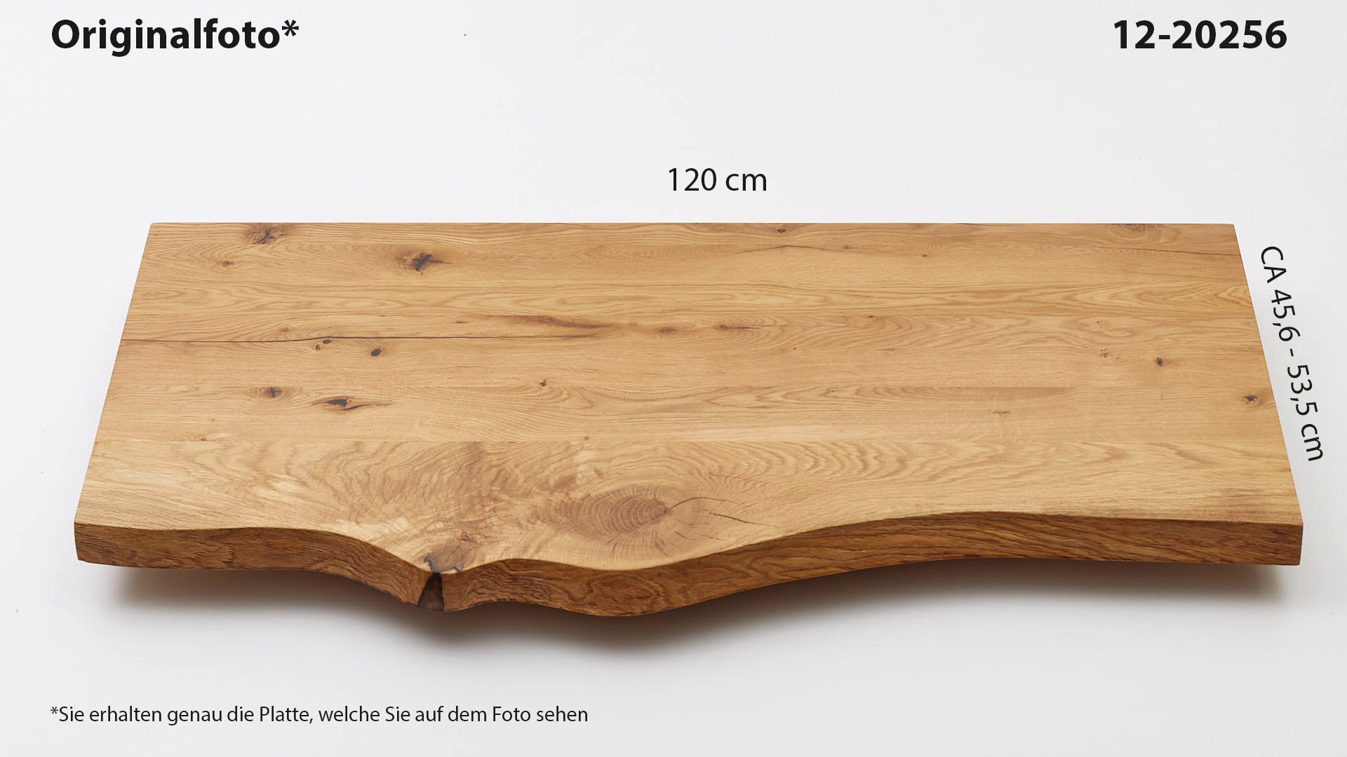 Eichenholz-Tischplatte Nummer 12-20256, Länge 120 cm cm, Breite ca. 45.6 cm–53.5 cm, mit gebürsteter Baumkante, geschliffen, 2 Schichten italienisches Öl, Äste und Risse mit Epoxidharz