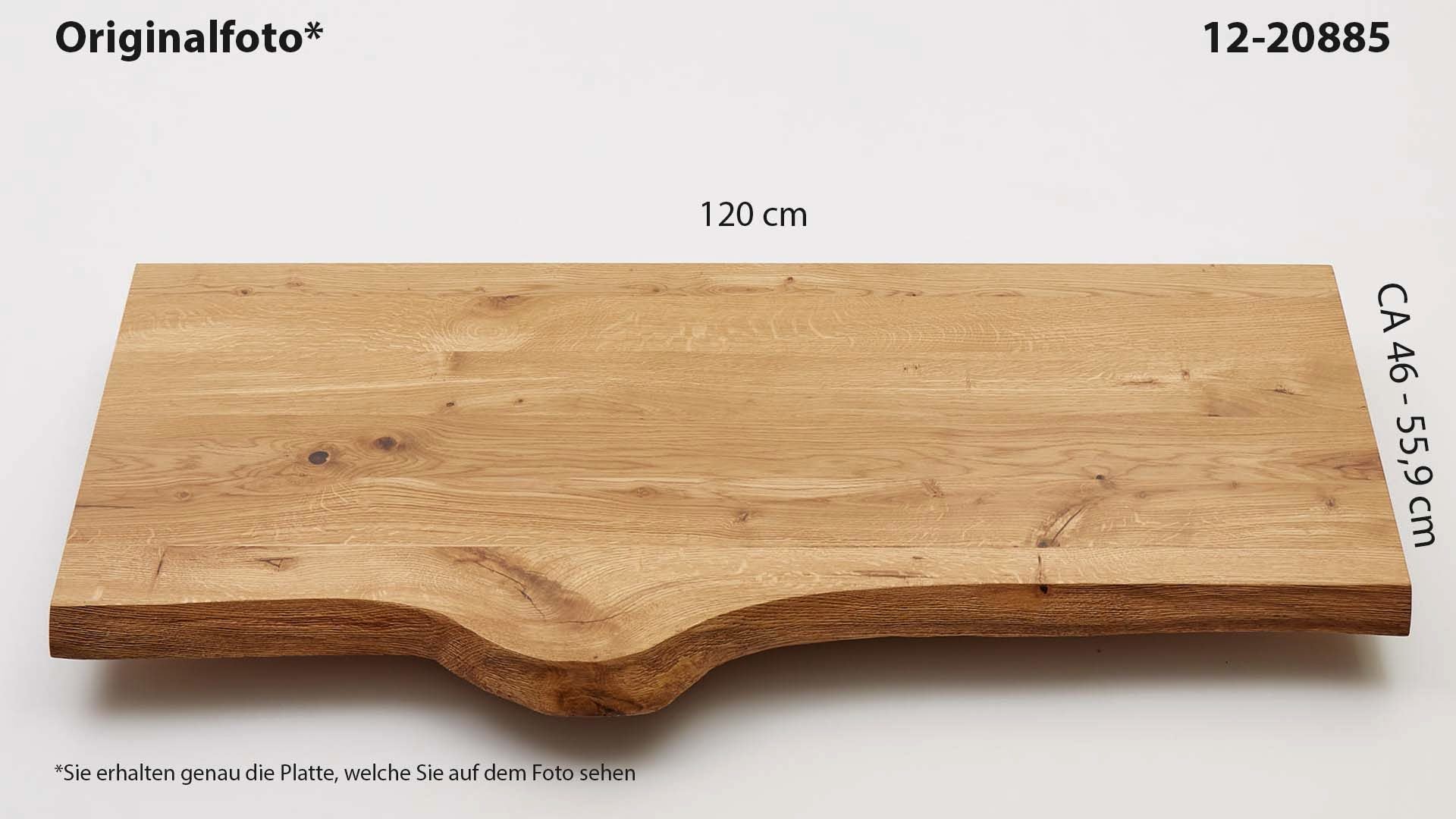 Eichenholz-Tischplatte Nummer 12-20885, Länge 120 cm cm, Breite ca. 46 cm–55.9 cm, mit gebürsteter Baumkante, geschliffen, 2 Schichten italienisches Öl, Äste und Risse mit Epoxidharz