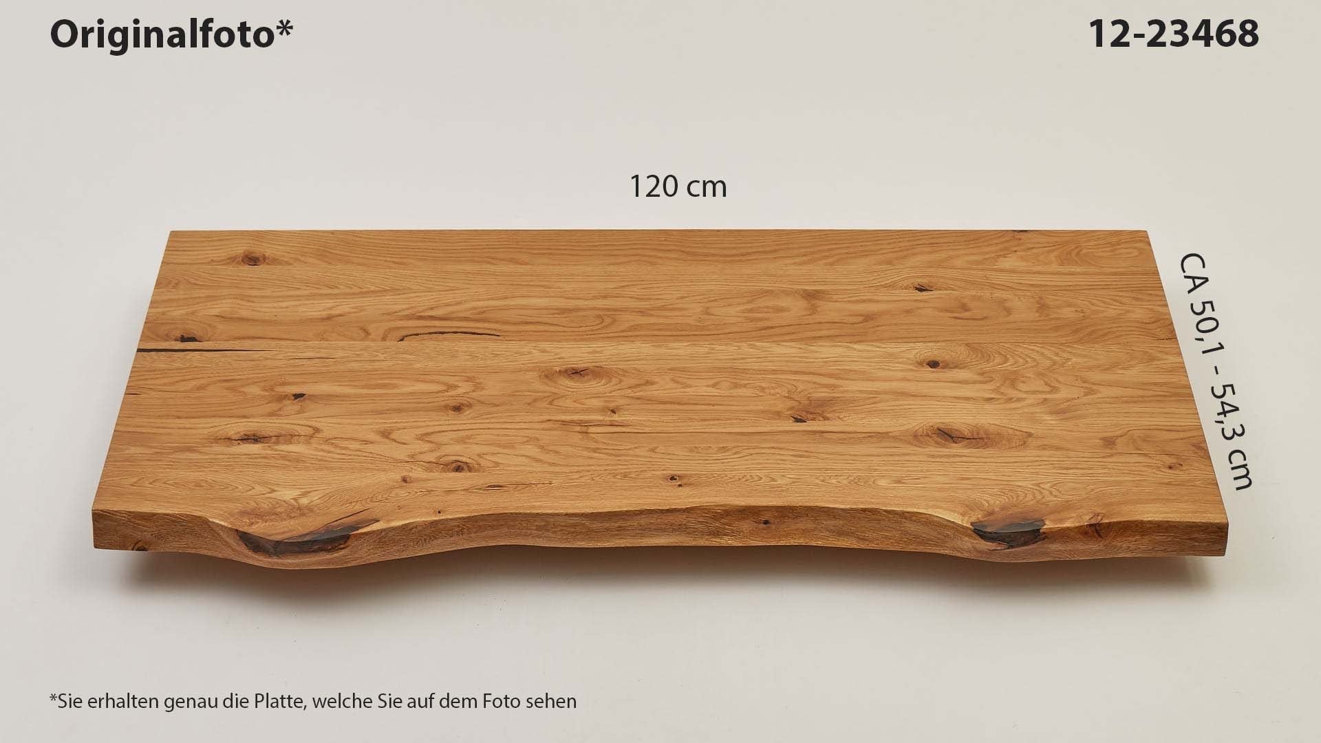 Eichenholz-Tischplatte Nummer 12-23468, Länge 120 cm cm, Breite ca. 50.1 cm–54.3 cm, mit gebürsteter Baumkante, geschliffen, 2 Schichten italienisches Öl, Äste und Risse mit Epoxidharz