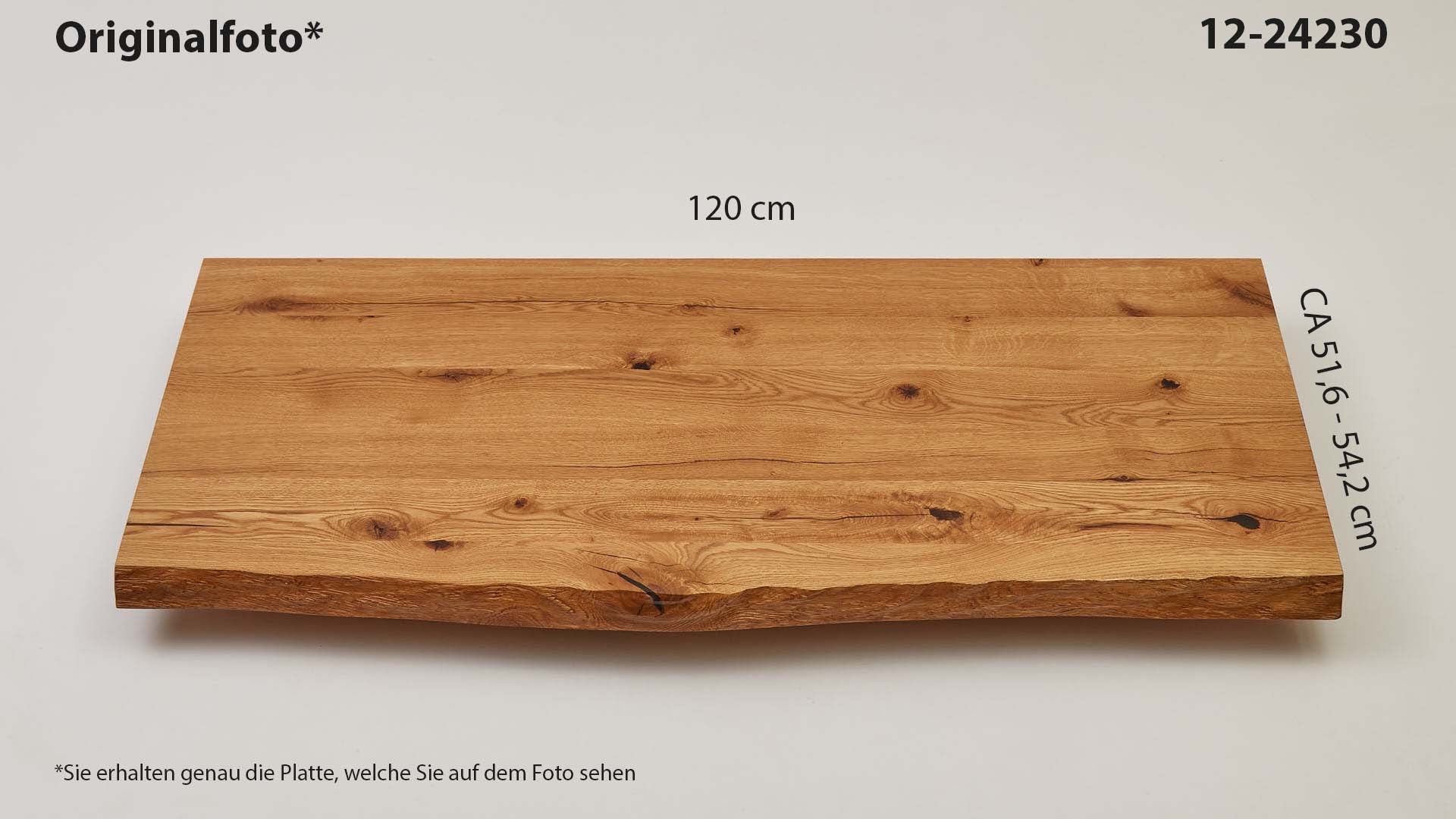 Eichenholz-Tischplatte Nummer 12-24230, Länge 120 cm cm, Breite ca. 51.6 cm–54.2 cm, mit gebürsteter Baumkante, geschliffen, 2 Schichten italienisches Öl, Äste und Risse mit Epoxidharz