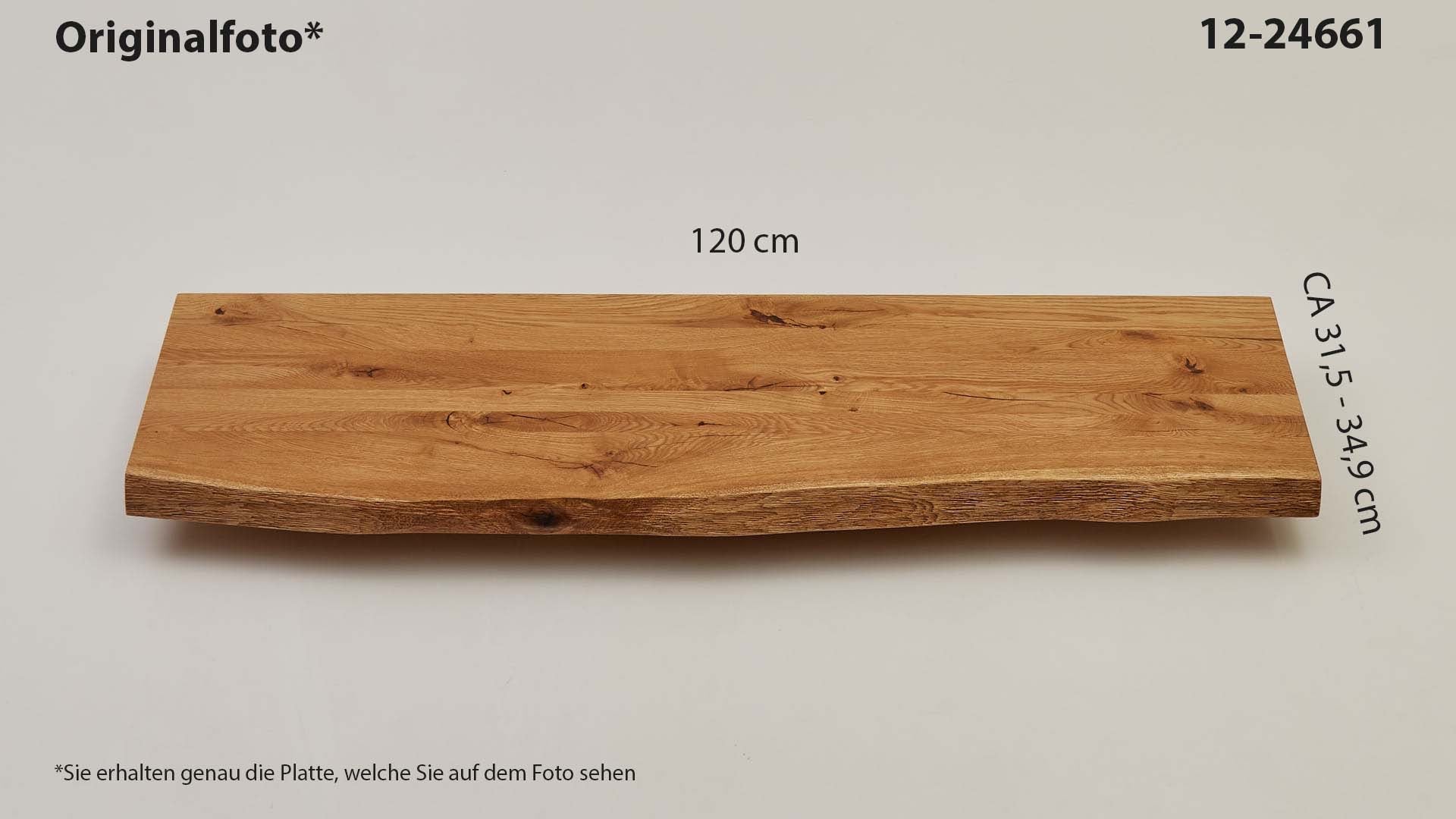 Eichenholz-Tischplatte Nummer 12-24661, Länge 120 cm cm, Breite ca. 31.5 cm–34.9 cm, mit gebürsteter Baumkante, geschliffen, 2 Schichten italienisches Öl, Äste und Risse mit Epoxidharz