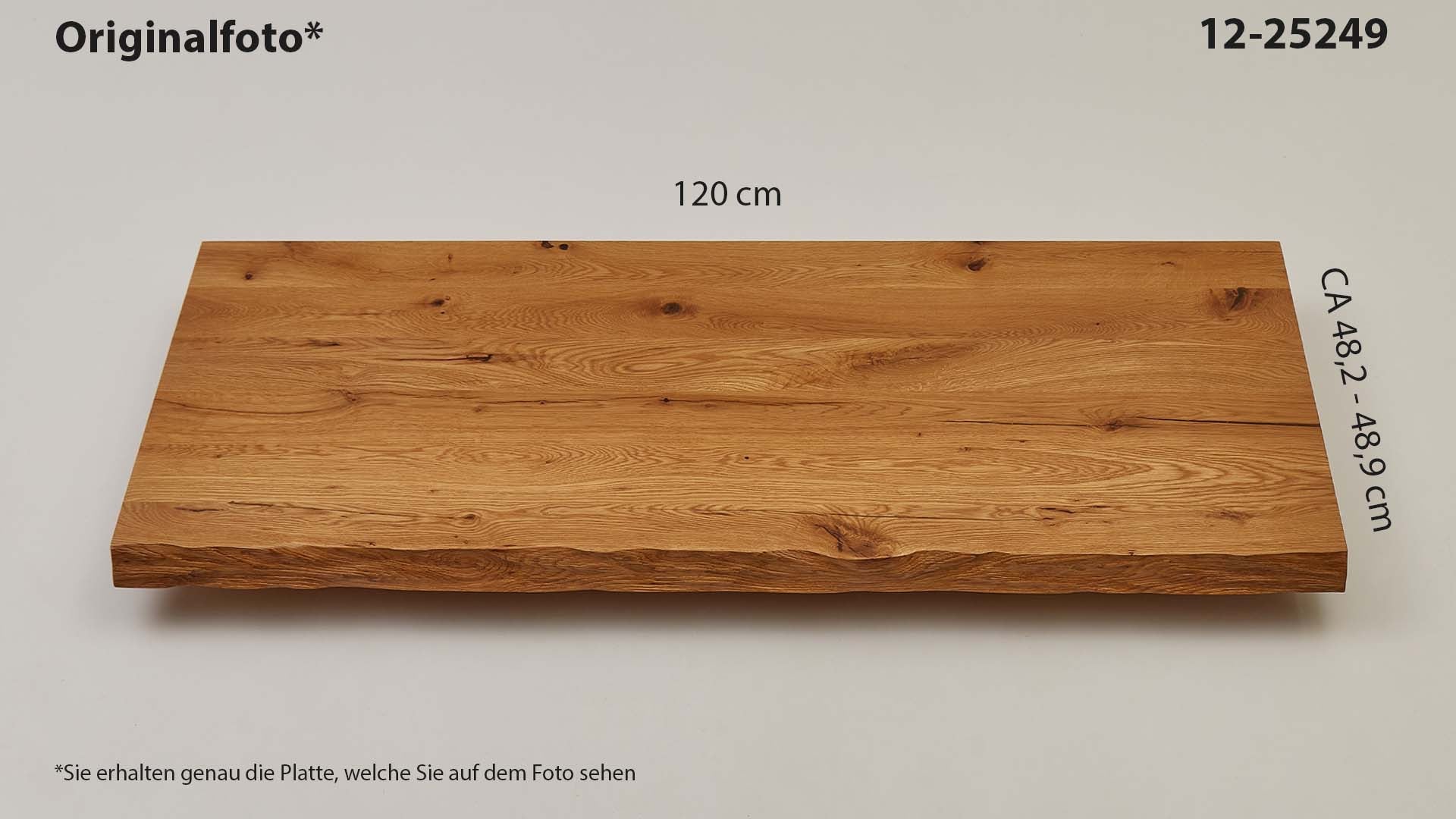 Eichenholz-Tischplatte Nummer 12-25249, Länge 120 cm cm, Breite ca. 48.2 cm–48.9 cm, mit gebürsteter Baumkante, geschliffen, 2 Schichten italienisches Öl, Äste und Risse mit Epoxidharz