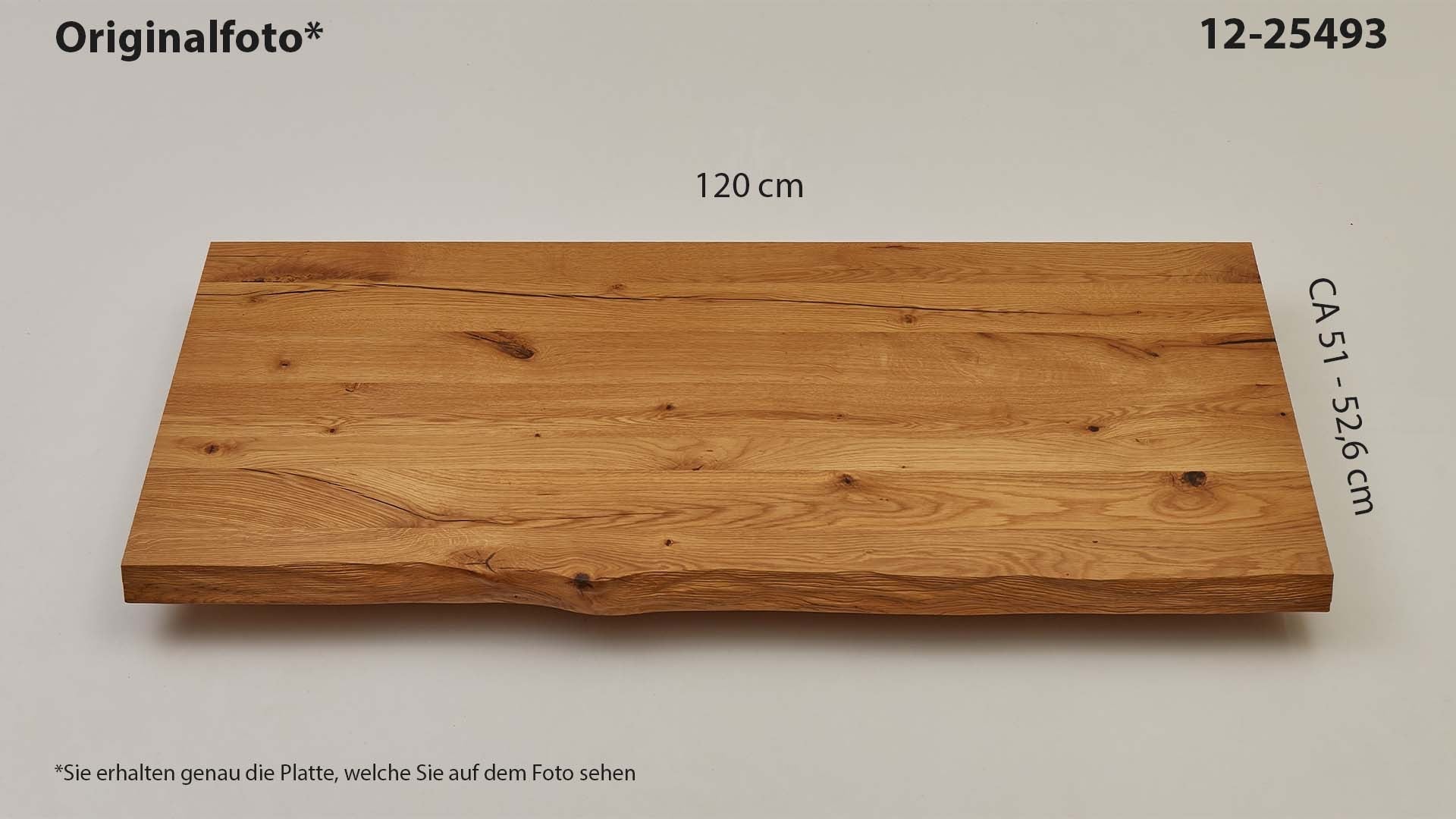 Eichenholz-Tischplatte Nummer 12-25493, Länge 120 cm cm, Breite ca. 51 cm–52.6 cm, mit gebürsteter Baumkante, geschliffen, 2 Schichten italienisches Öl, Äste und Risse mit Epoxidharz