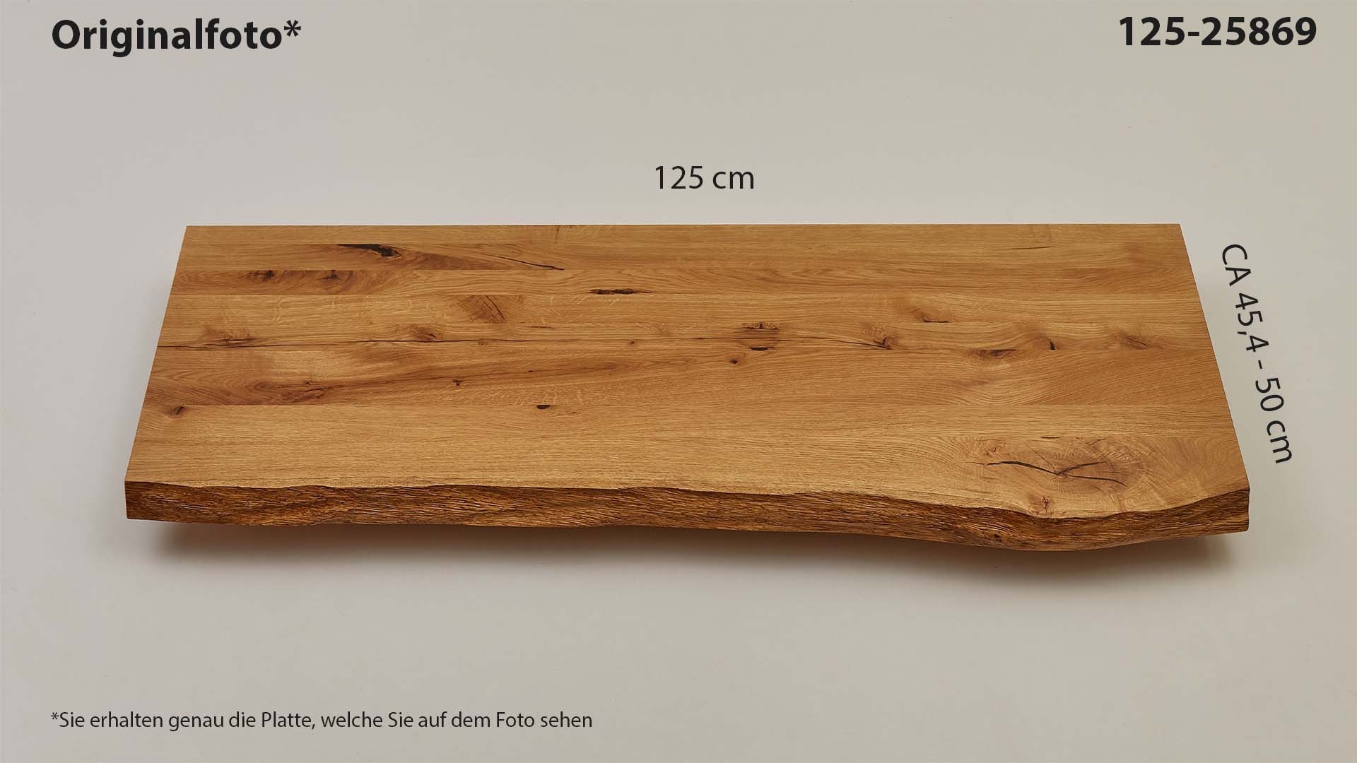 Eichenholz-Tischplatte Nummer 125-25869, Länge 125 cm cm, Breite ca. 45.4 cm–50 cm, mit gebürsteter Baumkante, geschliffen, 2 Schichten italienisches Öl, Äste und Risse mit Epoxidharz