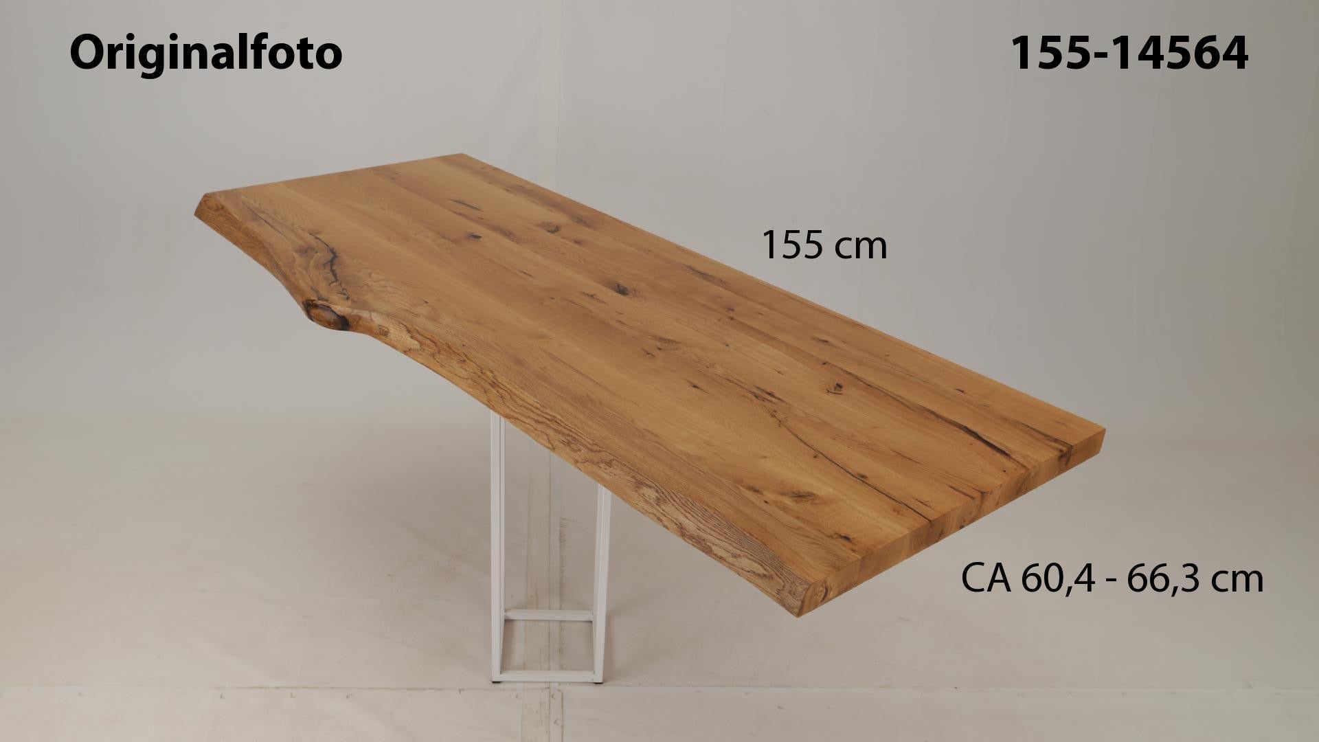 Eichenholz-Tischplatte Nummer 155-14564, Länge 155 cm cm, Breite ca. 60.4 cm–66.3 cm, mit gebürsteter Baumkante, geschliffen, 2 Schichten italienisches Öl, Äste und Risse mit Epoxidharz