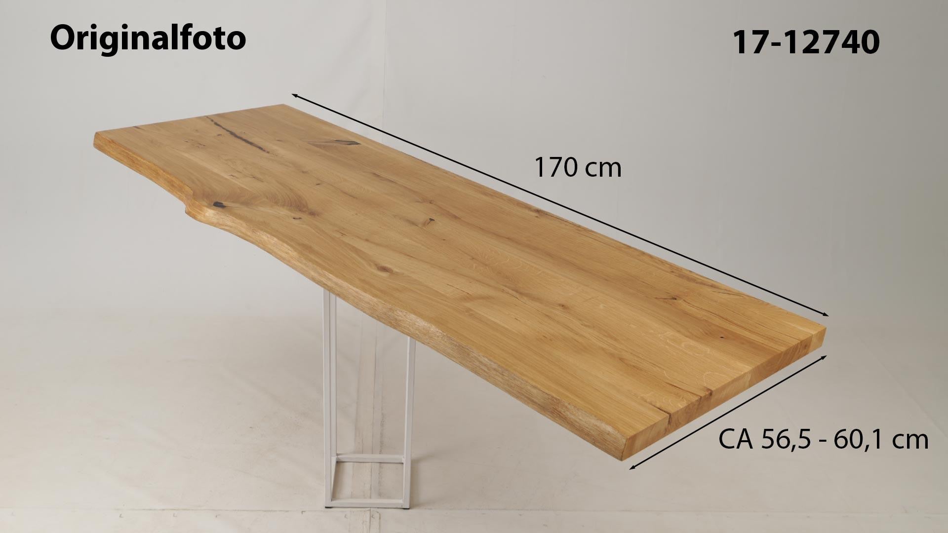 Eichenholz-Tischplatte Nummer 17-12740, Länge 170 cm cm, Breite ca. 56.5 cm–60.1 cm, mit gebürsteter Baumkante, geschliffen, 2 Schichten italienisches Öl, Äste und Risse mit Epoxidharz