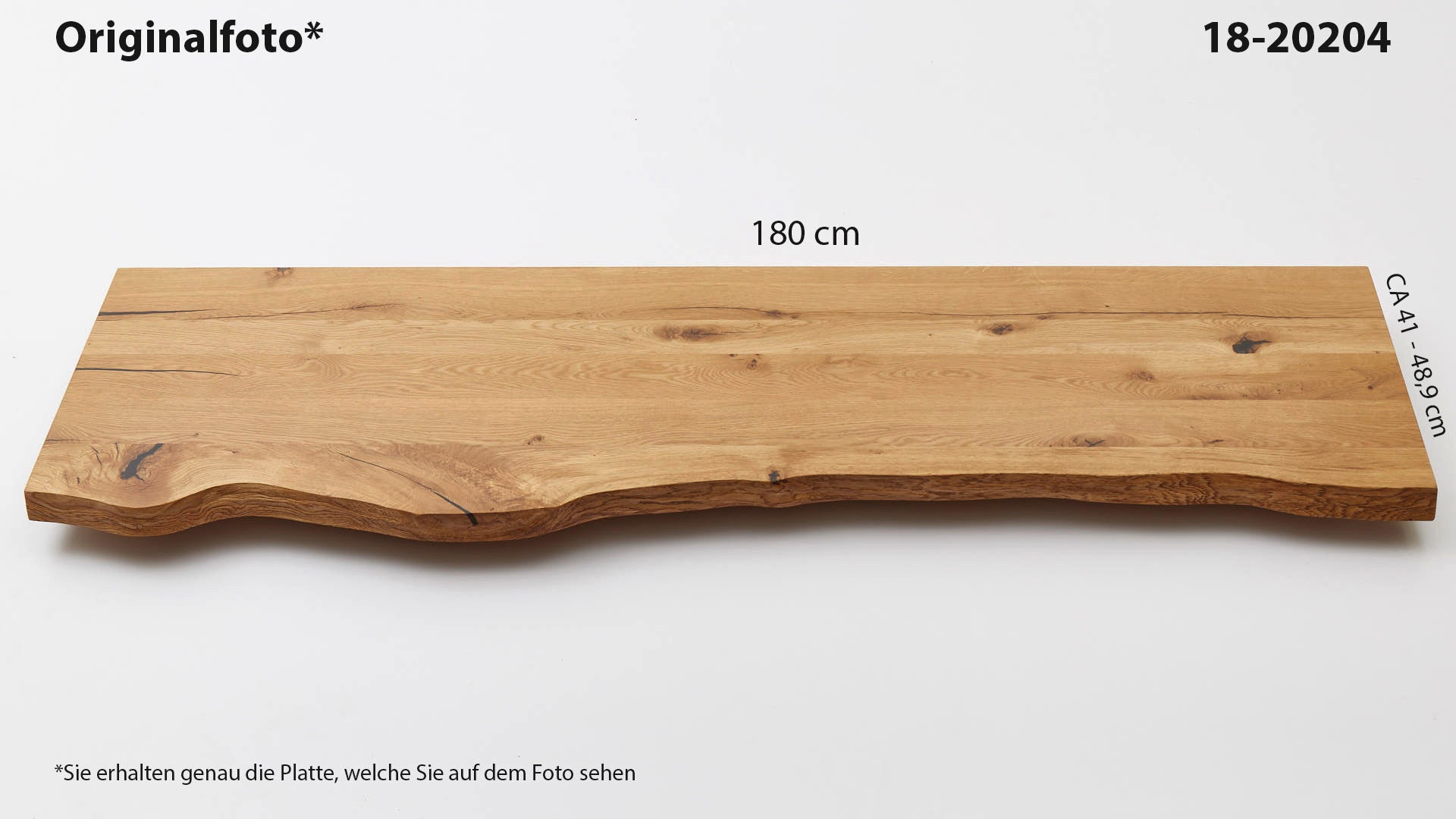 Eichenholz-Tischplatte Nummer 18-20204, Länge 180 cm cm, Breite ca. 41 cm–48.9 cm, mit gebürsteter Baumkante, geschliffen, 2 Schichten italienisches Öl, Äste und Risse mit Epoxidharz