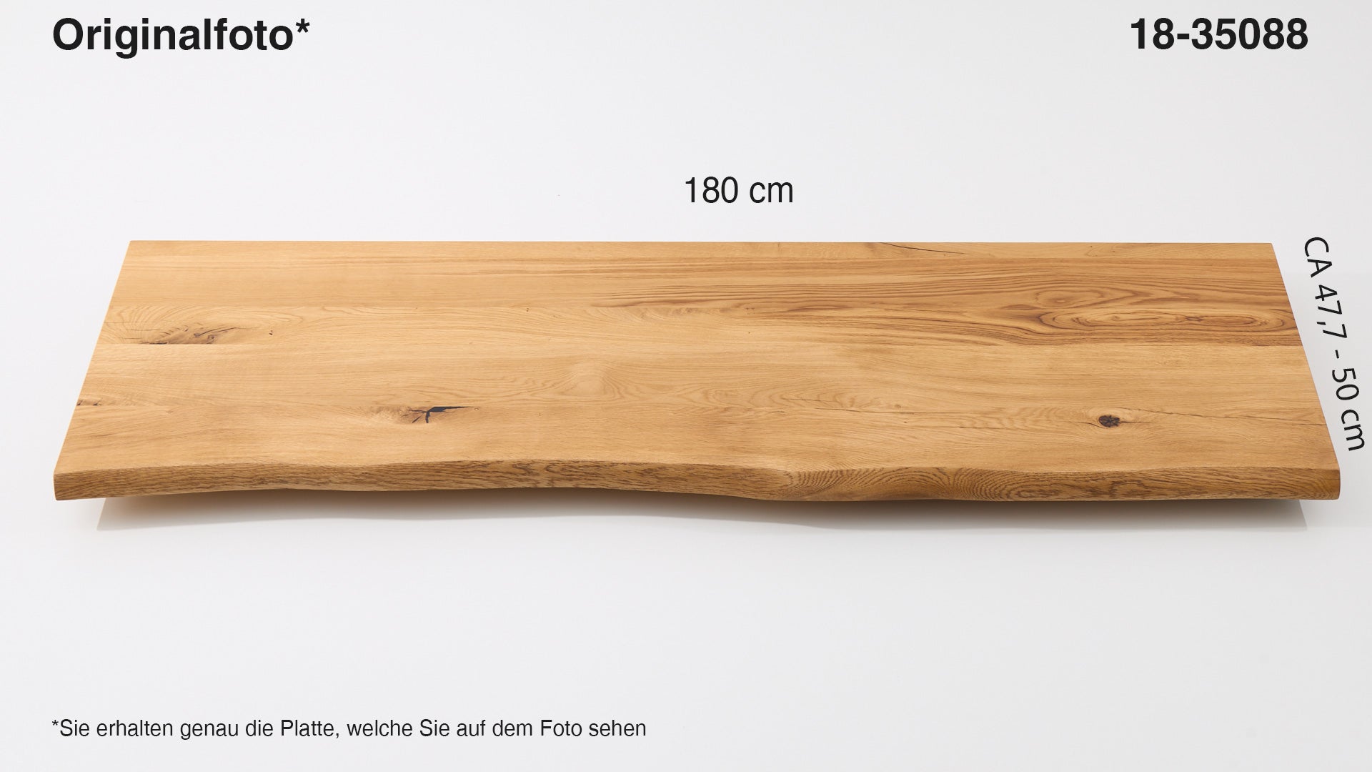 Eichenholz-Tischplatte Nummer 18-35088, Länge 180 cm cm, Breite ca. 47.7 cm–50 cm, mit gebürsteter Baumkante, geschliffen, 2 Schichten italienisches Öl, Äste und Risse mit Epoxidharz