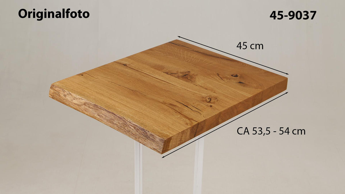 Eichenholz-Tischplatte Nummer 45-9037, Länge 45 cm cm, Breite ca. 53.5 cm–54 cm, mit gebürsteter Baumkante, geschliffen, 2 Schichten italienisches Öl, Äste und Risse mit Epoxidharz