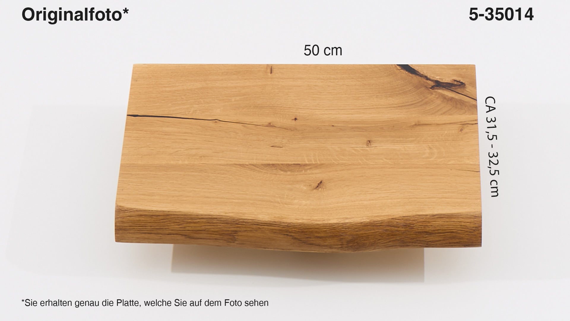 Eichenholz-Tischplatte Nummer 5-35014, Länge 50 cm cm, Breite ca. 31.5 cm–32.5 cm, mit gebürsteter Baumkante, geschliffen, 2 Schichten italienisches Öl, Äste und Risse mit Epoxidharz