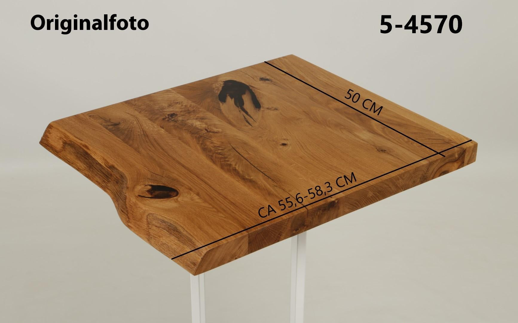 Eichenholz-Tischplatte Nummer 5-4570, Länge 50 cm cm, Breite ca. 55.6 cm–58.3 cm, mit gebürsteter Baumkante, geschliffen, 2 Schichten italienisches Öl, Äste und Risse mit Epoxidharz