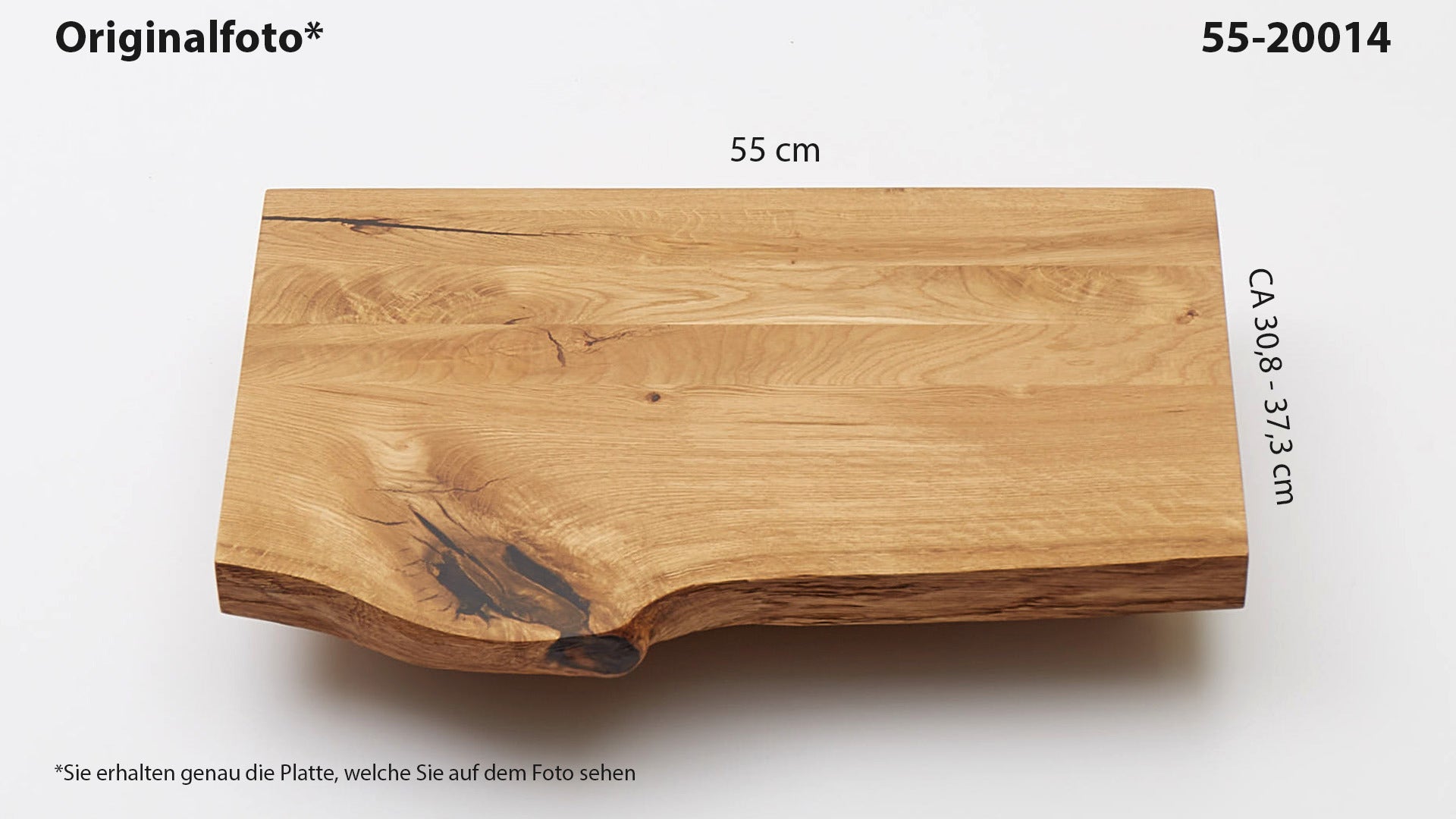 Eichenholz-Tischplatte Nummer 55-20014, Länge 55 cm cm, Breite ca. 30.8 cm–37.3 cm, mit gebürsteter Baumkante, geschliffen, 2 Schichten italienisches Öl, Äste und Risse mit Epoxidharz