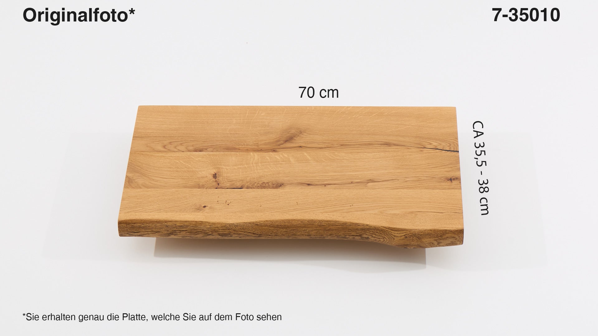 Eichenholz-Tischplatte Nummer 7-35010, Länge 70 cm cm, Breite ca. 35.5 cm–38 cm, mit gebürsteter Baumkante, geschliffen, 2 Schichten italienisches Öl, Äste und Risse mit Epoxidharz