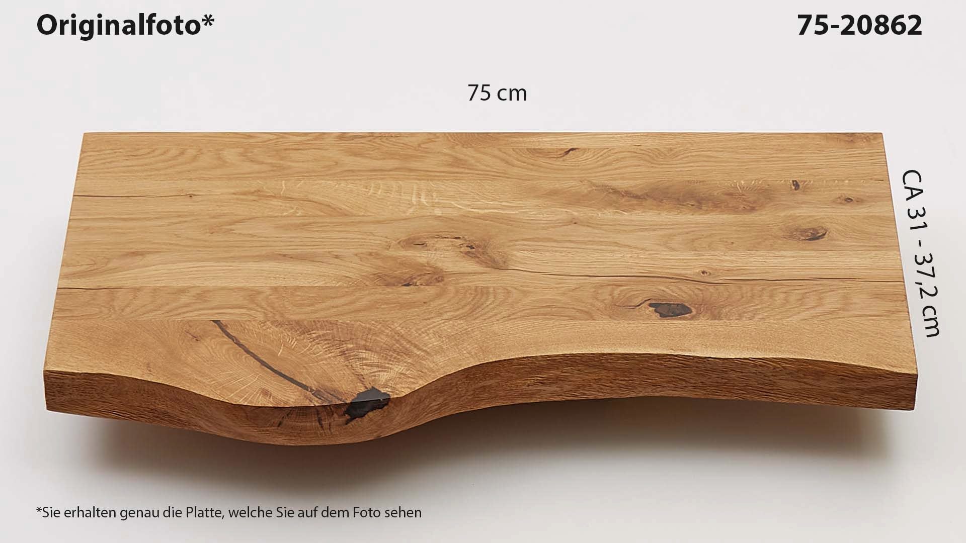 Eichenholz-Tischplatte Nummer 75-20862, Länge 75 cm cm, Breite ca. 31 cm–37.2 cm, mit gebürsteter Baumkante, geschliffen, 2 Schichten italienisches Öl, Äste und Risse mit Epoxidharz
