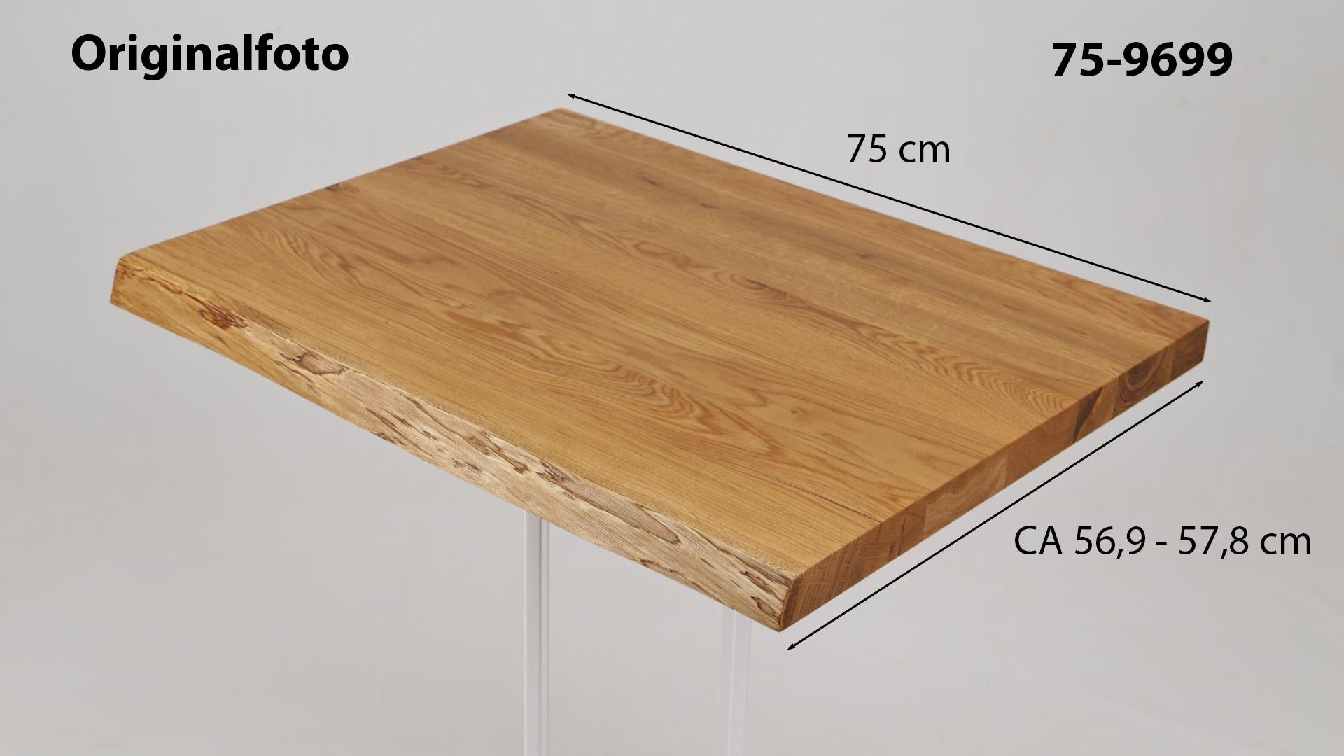 Eichenholz-Tischplatte Nummer 75-9699, Länge 75 cm cm, Breite ca. 56.9 cm–57.8 cm, mit gebürsteter Baumkante, geschliffen, 2 Schichten italienisches Öl, Äste und Risse mit Epoxidharz