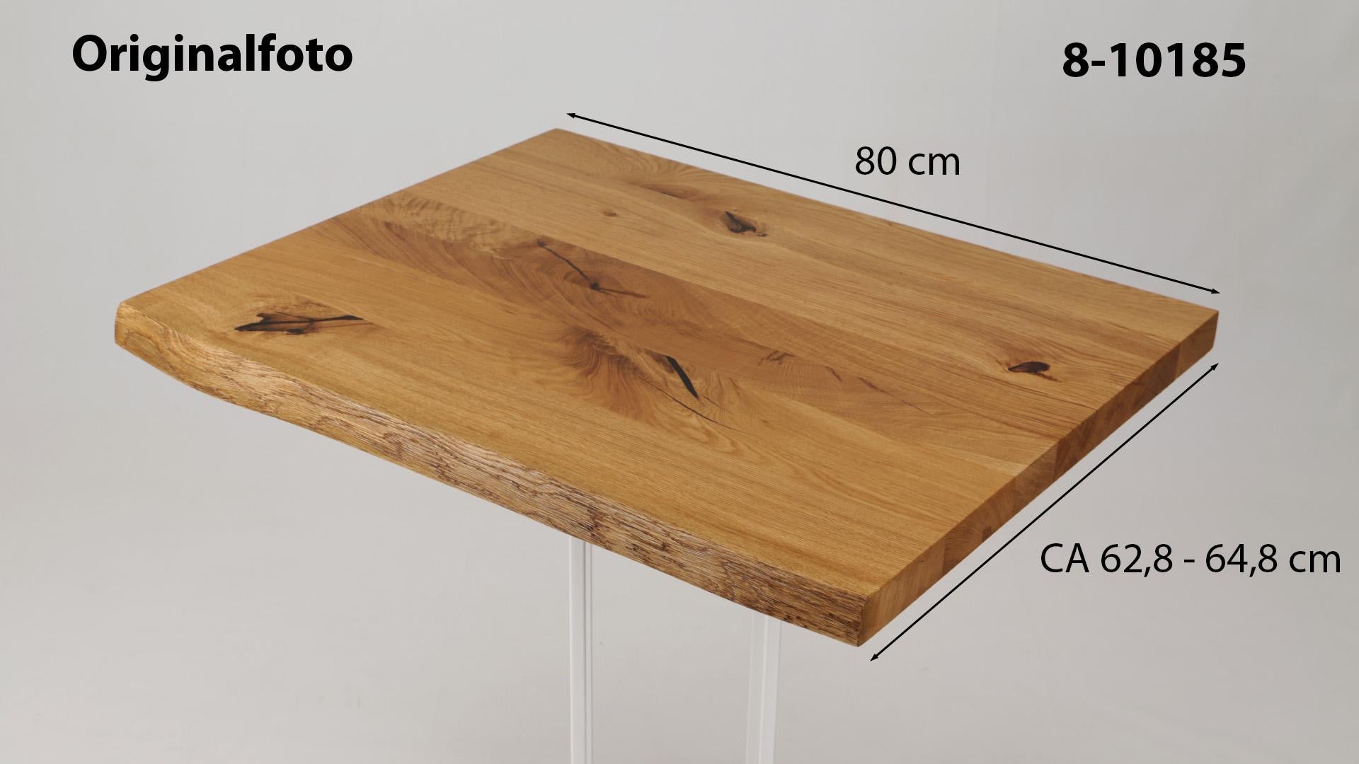 Eichenholz-Tischplatte Nummer 8-10185, Länge 80 cm cm, Breite ca. 62.8 cm–64.8 cm, mit gebürsteter Baumkante, geschliffen, 2 Schichten italienisches Öl, Äste und Risse mit Epoxidharz