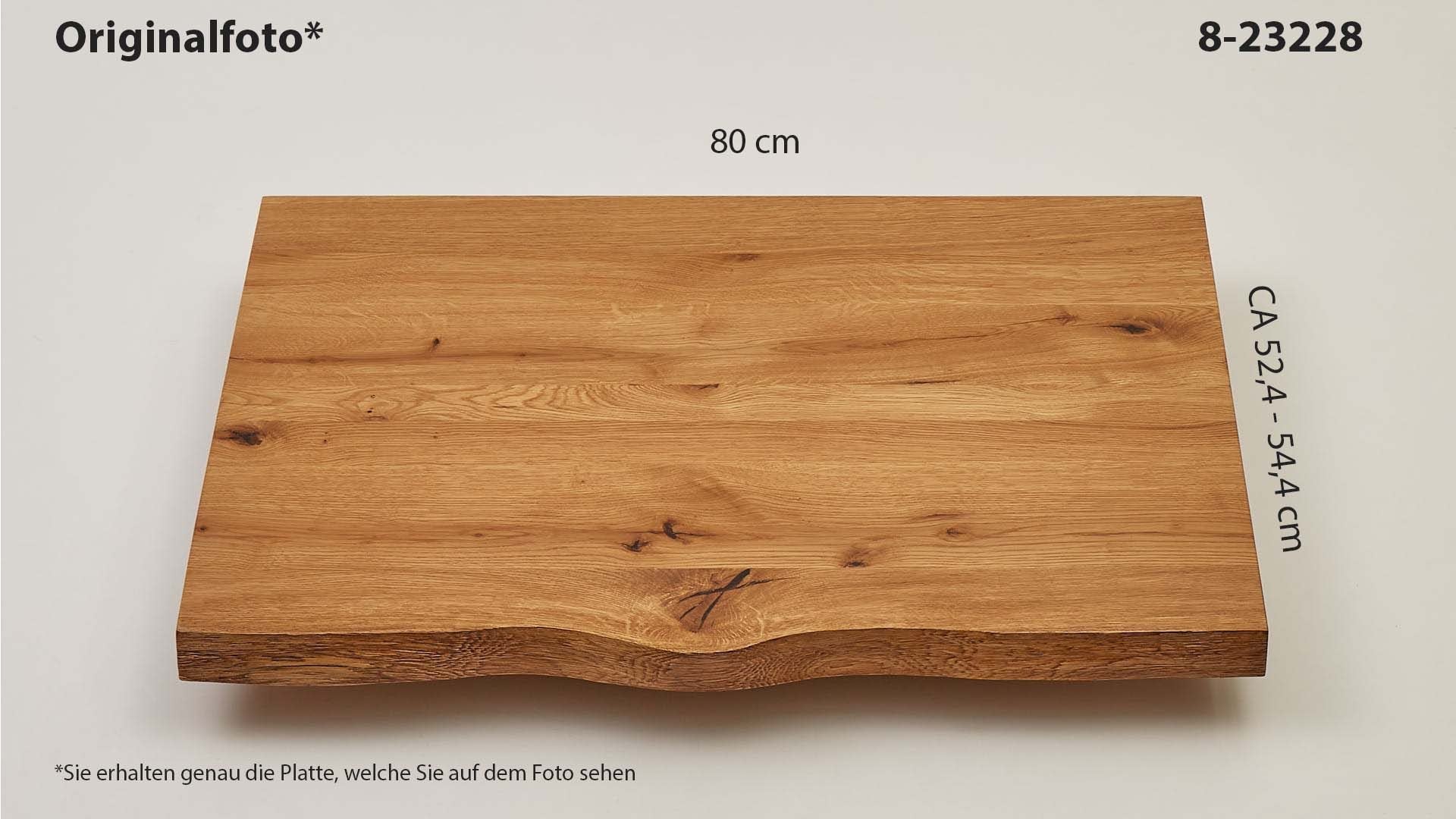 Eichenholz-Tischplatte Nummer 8-23228, Länge 80 cm cm, Breite ca. 52.4 cm–54.4 cm, mit gebürsteter Baumkante, geschliffen, 2 Schichten italienisches Öl, Äste und Risse mit Epoxidharz