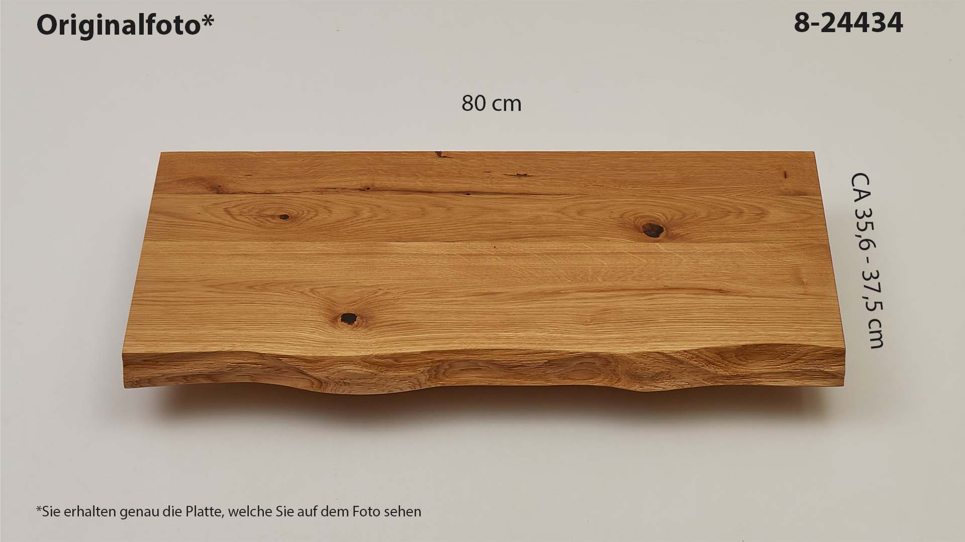 Eichenholz-Tischplatte Nummer 8-24434, Länge 80 cm cm, Breite ca. 35.6 cm–37.5 cm, mit gebürsteter Baumkante, geschliffen, 2 Schichten italienisches Öl, Äste und Risse mit Epoxidharz