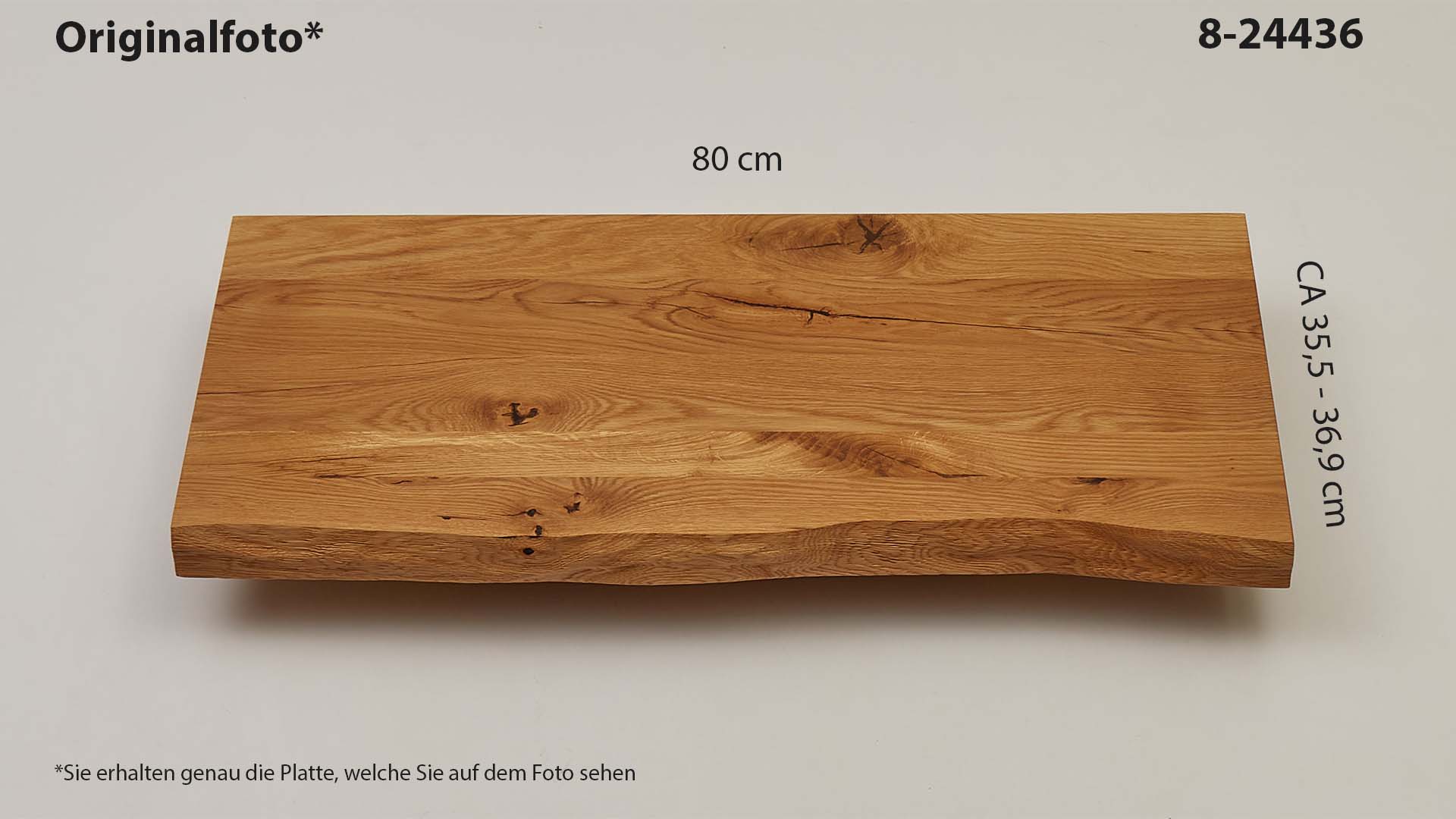 Eichenholz-Tischplatte Nummer 8-24436, Länge 80 cm cm, Breite ca. 35.5 cm–36.9 cm, mit gebürsteter Baumkante, geschliffen, 2 Schichten italienisches Öl, Äste und Risse mit Epoxidharz