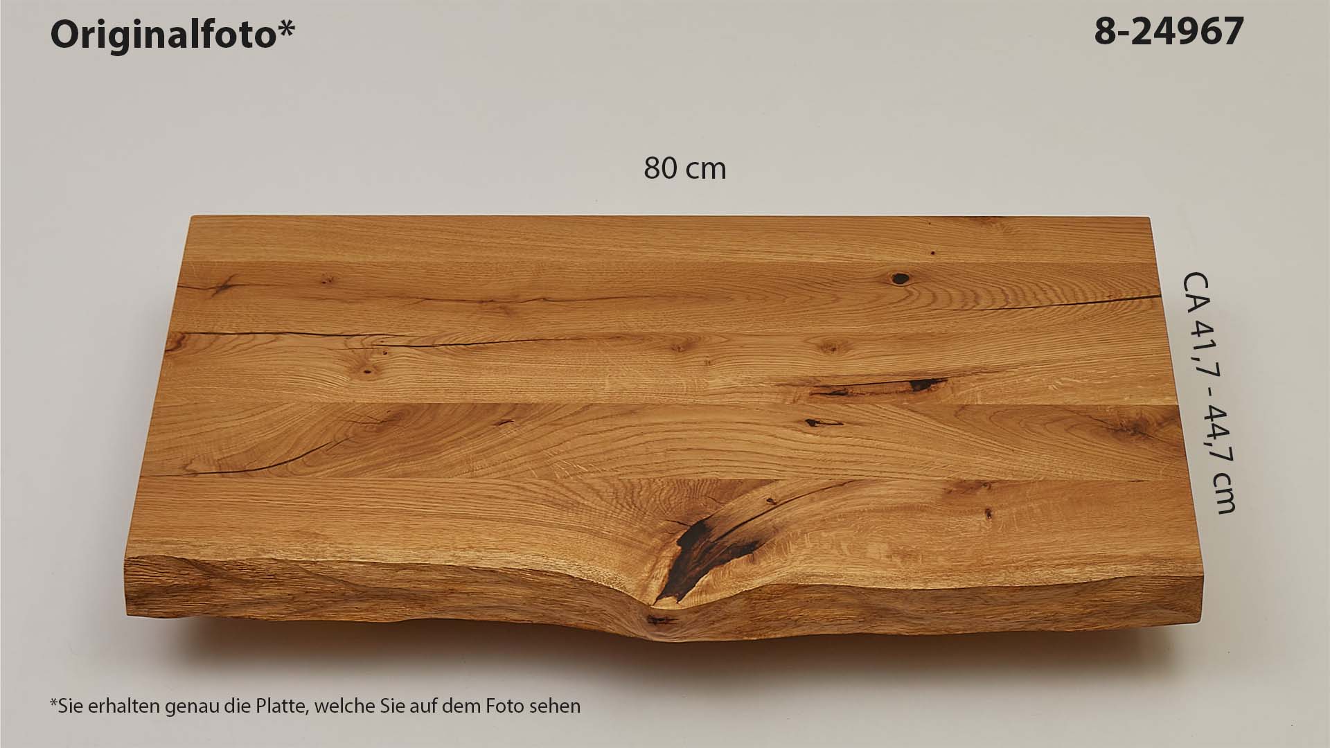 Eichenholz-Tischplatte Nummer 8-24967, Länge 80 cm cm, Breite ca. 41.7 cm–44.7 cm, mit gebürsteter Baumkante, geschliffen, 2 Schichten italienisches Öl, Äste und Risse mit Epoxidharz