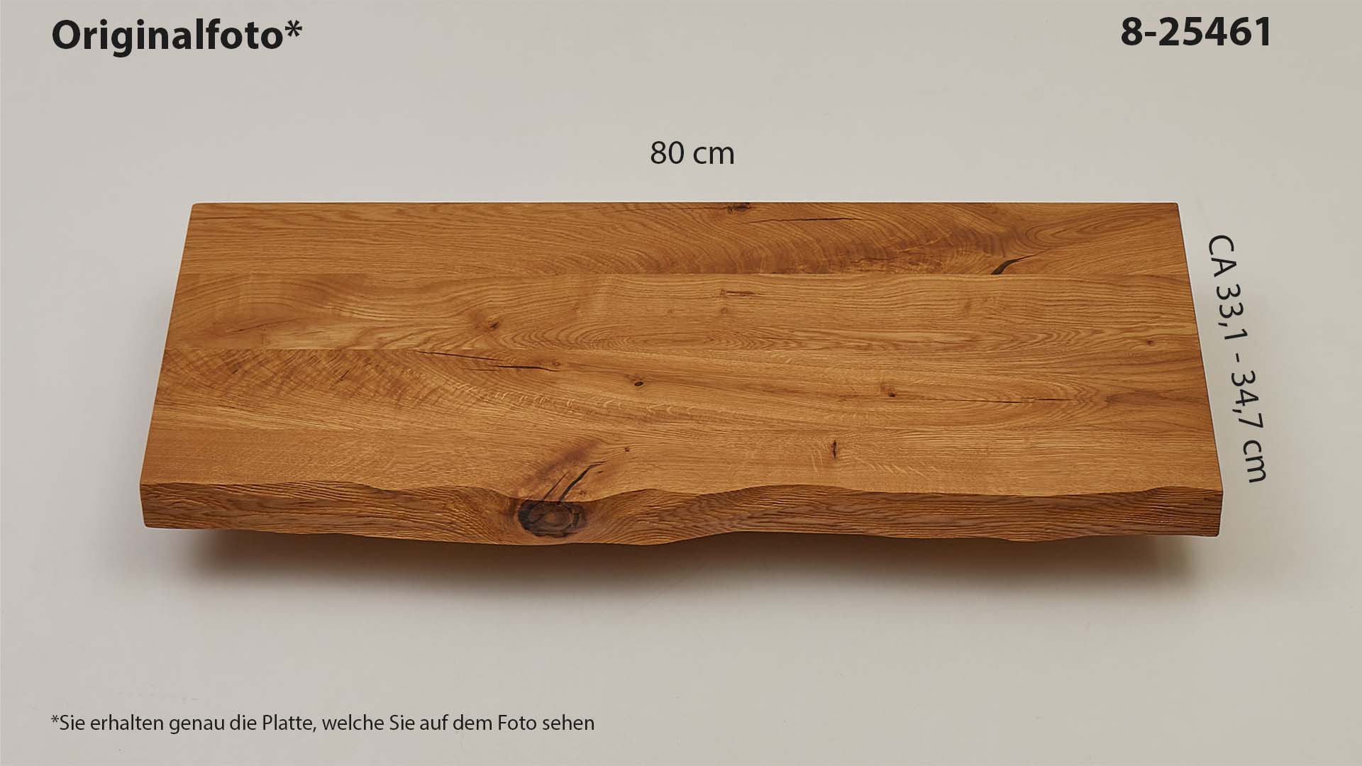 Eichenholz-Tischplatte Nummer 8-25461, Länge 80 cm cm, Breite ca. 33.1 cm–34.7 cm, mit gebürsteter Baumkante, geschliffen, 2 Schichten italienisches Öl, Äste und Risse mit Epoxidharz