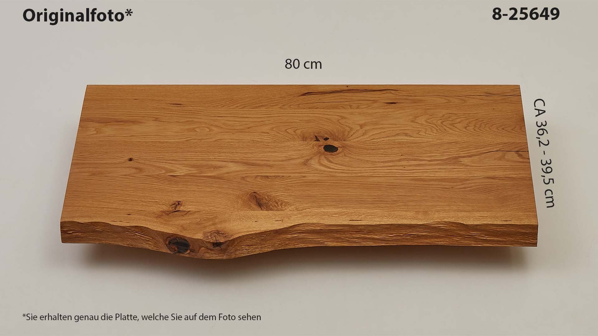 Eichenholz-Tischplatte Nummer 8-25649, Länge 80 cm cm, Breite ca. 36.2 cm–39.5 cm, mit gebürsteter Baumkante, geschliffen, 2 Schichten italienisches Öl, Äste und Risse mit Epoxidharz