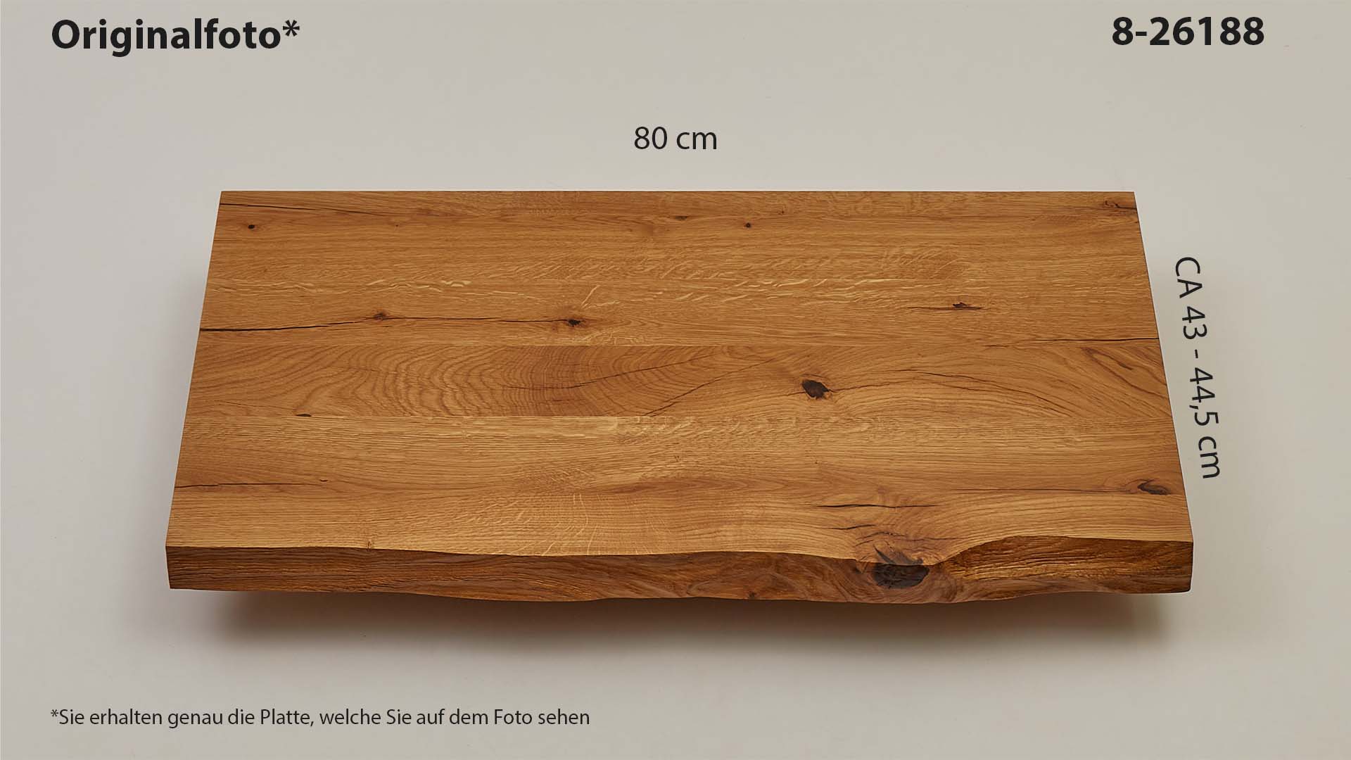 Eichenholz-Tischplatte Nummer 8-26188, Länge 80 cm cm, Breite ca. 43 cm–44.5 cm, mit gebürsteter Baumkante, geschliffen, 2 Schichten italienisches Öl, Äste und Risse mit Epoxidharz