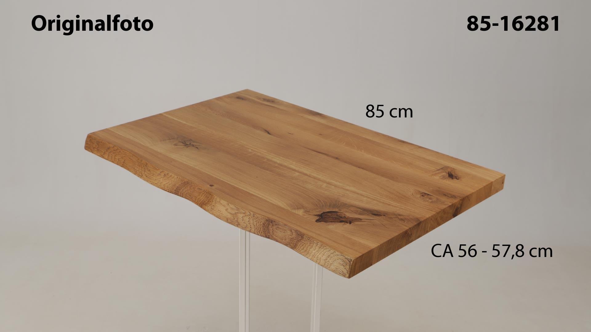 Eichenholz-Tischplatte Nummer 85-16281, Länge 85 cm cm, Breite ca. 56 cm–57.8 cm, mit gebürsteter Baumkante, geschliffen, 2 Schichten italienisches Öl, Äste und Risse mit Epoxidharz