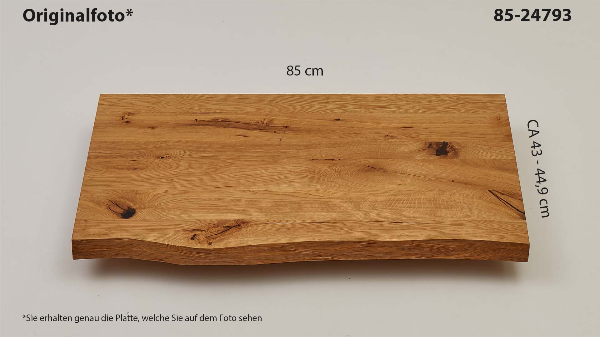 Eichenholz-Tischplatte Nummer 85-24793, Länge 85 cm cm, Breite ca. 43 cm–44.9 cm, mit gebürsteter Baumkante, geschliffen, 2 Schichten italienisches Öl, Äste und Risse mit Epoxidharz