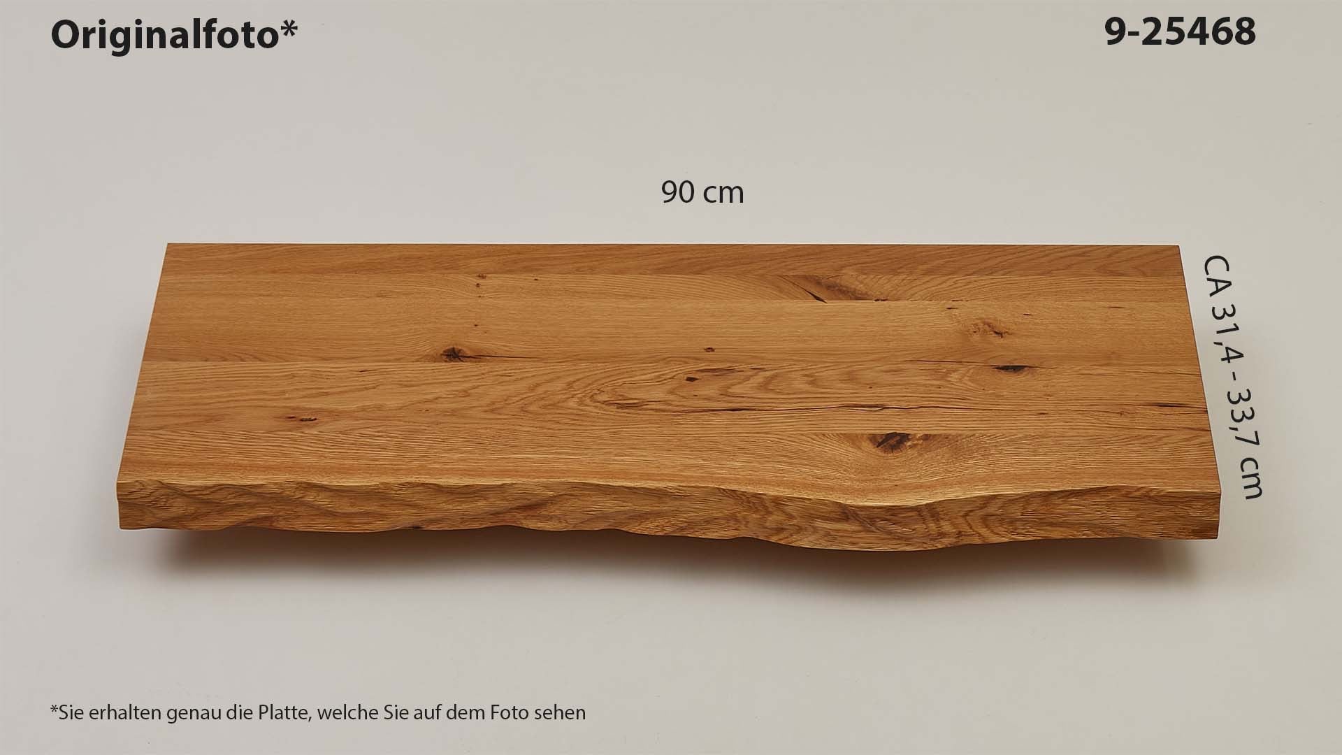 Eichenholz-Tischplatte Nummer 9-25468, Länge 90 cm cm, Breite ca. 31.4 cm–33.7 cm, mit gebürsteter Baumkante, geschliffen, 2 Schichten italienisches Öl, Äste und Risse mit Epoxidharz