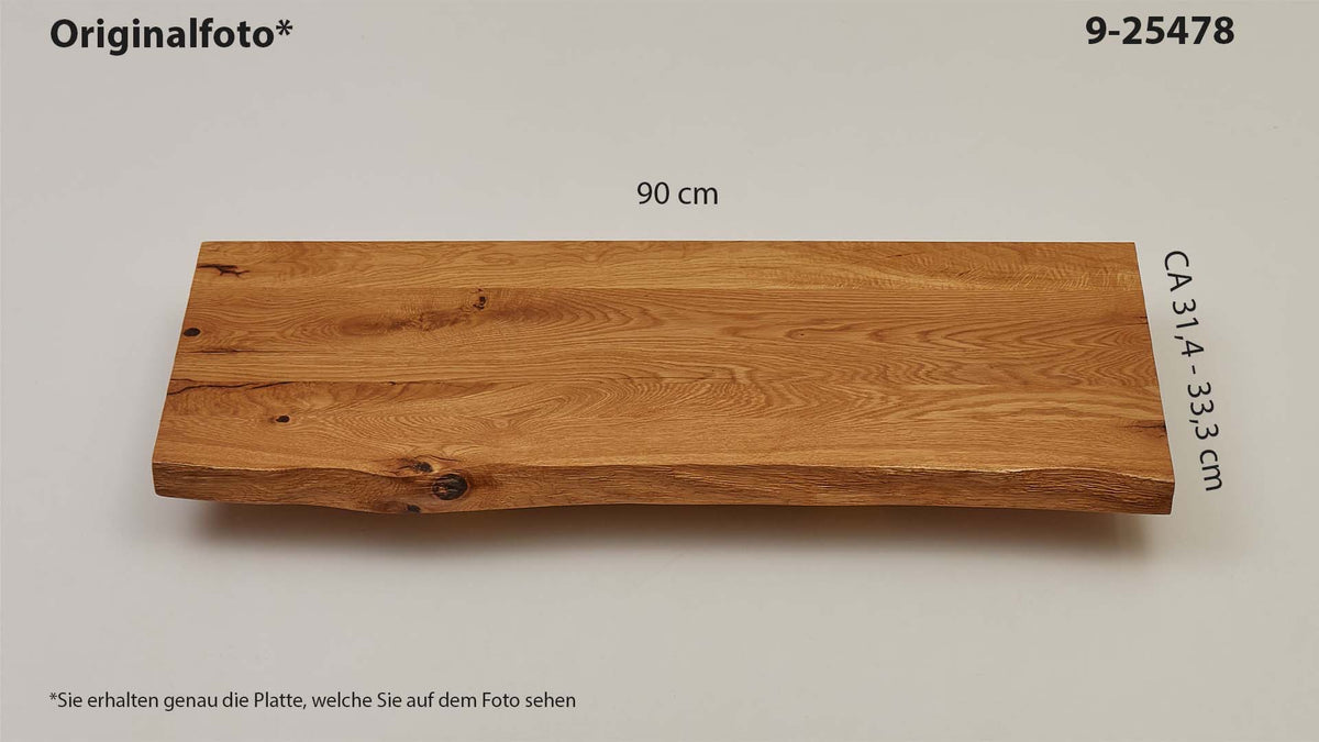 Eichenholz-Tischplatte Nummer 9-25478, Länge 90 cm cm, Breite ca. 31.4 cm–33.3 cm, mit gebürsteter Baumkante, geschliffen, 2 Schichten italienisches Öl, Äste und Risse mit Epoxidharz