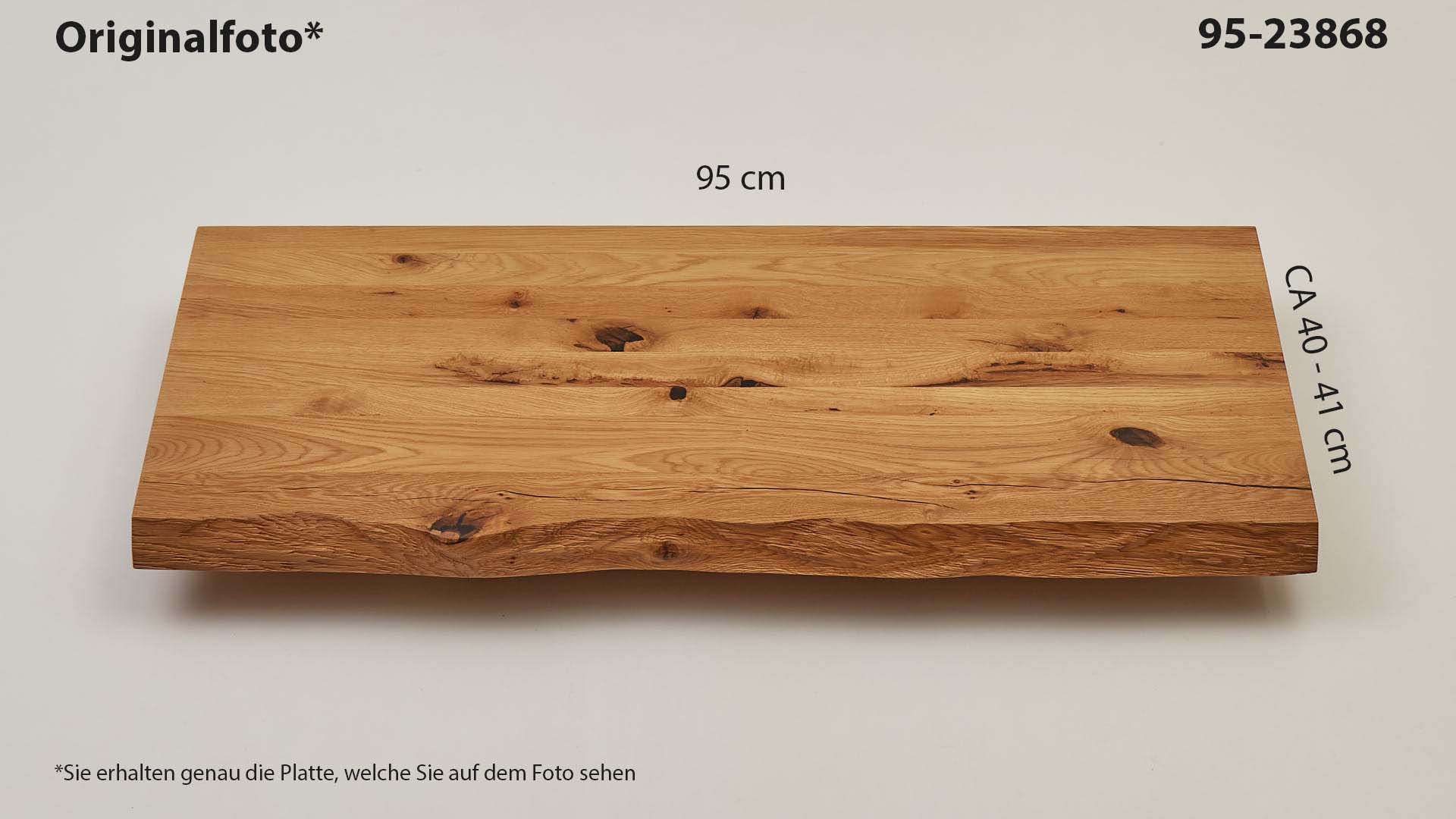 Eichenholz-Tischplatte Nummer 95-23868, Länge 95 cm cm, Breite ca. 40 cm–41 cm, mit gebürsteter Baumkante, geschliffen, 2 Schichten italienisches Öl, Äste und Risse mit Epoxidharz