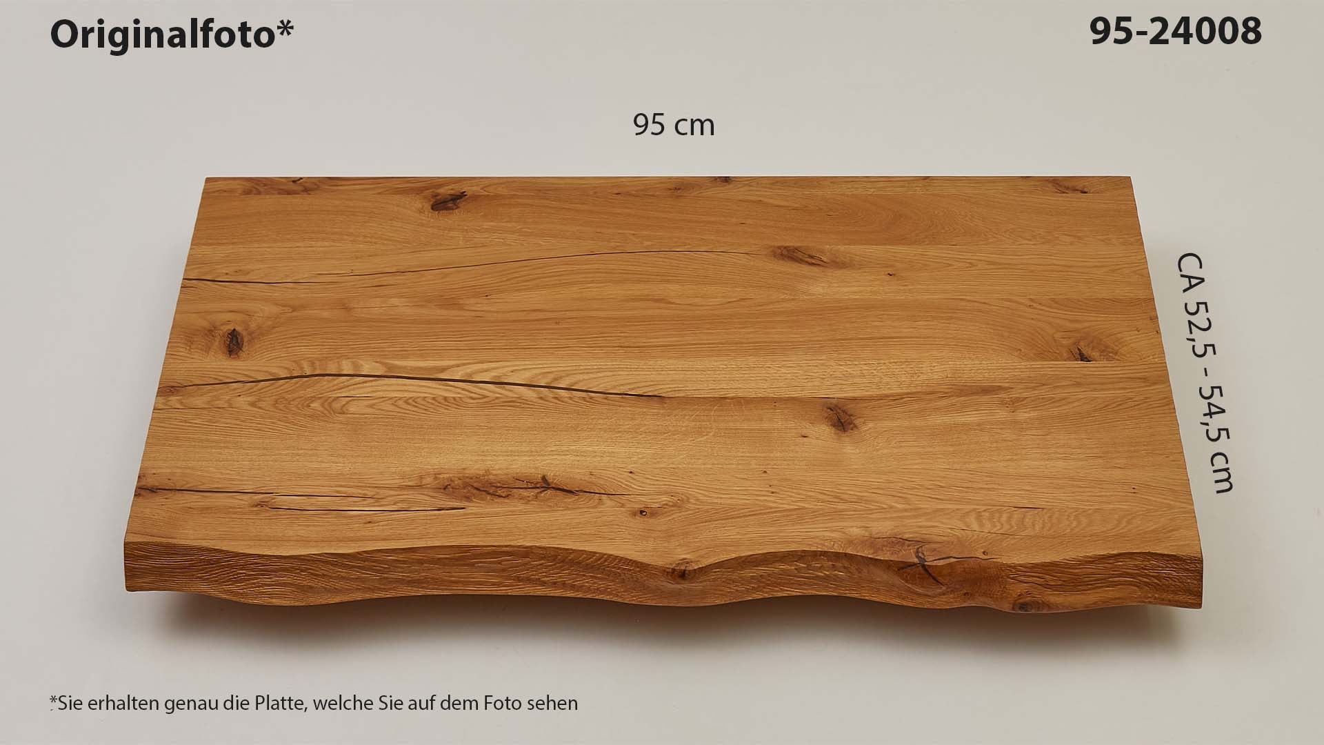 Eichenholz-Tischplatte Nummer 95-24008, Länge 95 cm cm, Breite ca. 52.5 cm–54.5 cm, mit gebürsteter Baumkante, geschliffen, 2 Schichten italienisches Öl, Äste und Risse mit Epoxidharz