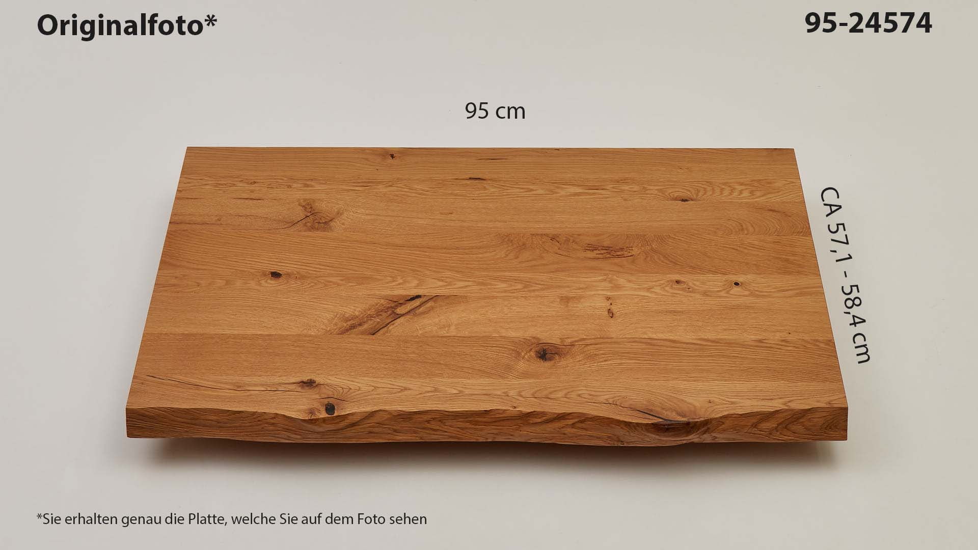Eichenholz-Tischplatte Nummer 95-24574, Länge 95 cm cm, Breite ca. 57.1 cm–58.4 cm, mit gebürsteter Baumkante, geschliffen, 2 Schichten italienisches Öl, Äste und Risse mit Epoxidharz