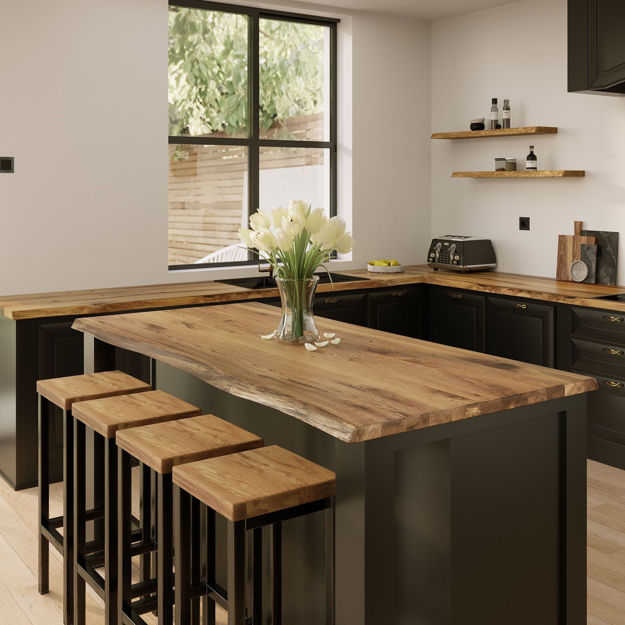 Moderne Kuecheninsel mit vier Barhockern aus Metallgestell und Holzsitz, Loft Style Einrichtung