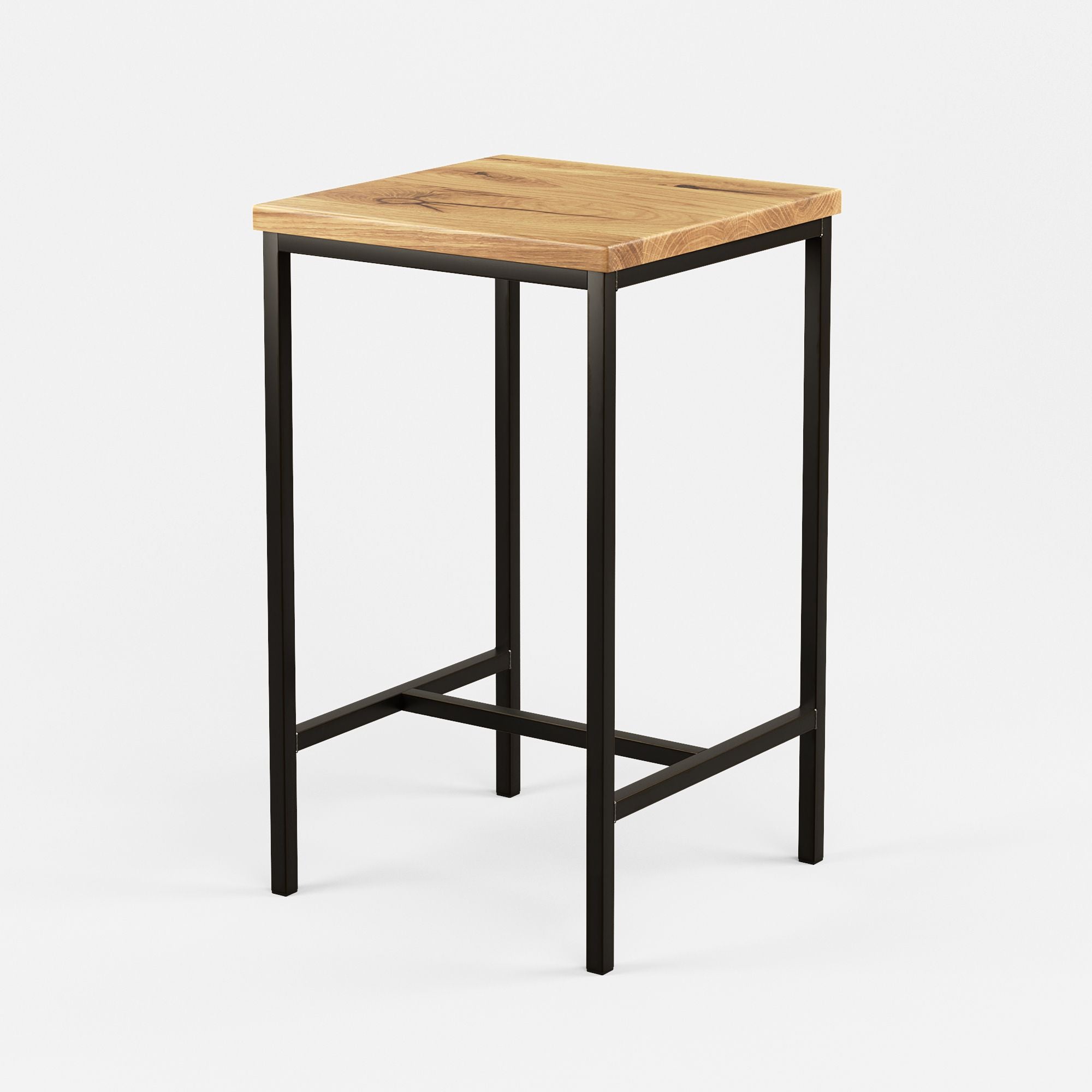 Bartisch mit Massivholzplatte und schwarzem Metallgestell, minimalistisches Industriedesign