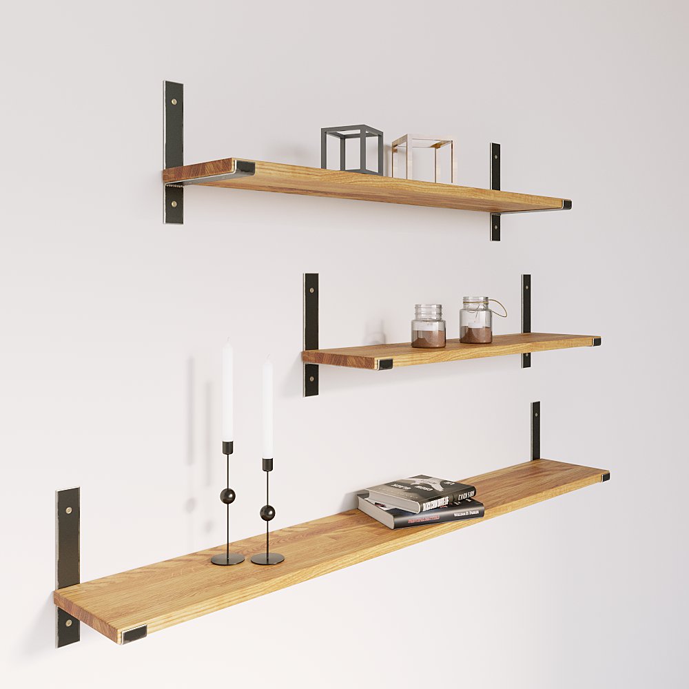 Ein Regal mit offenen industriellen Halterungen und Dekoartikeln