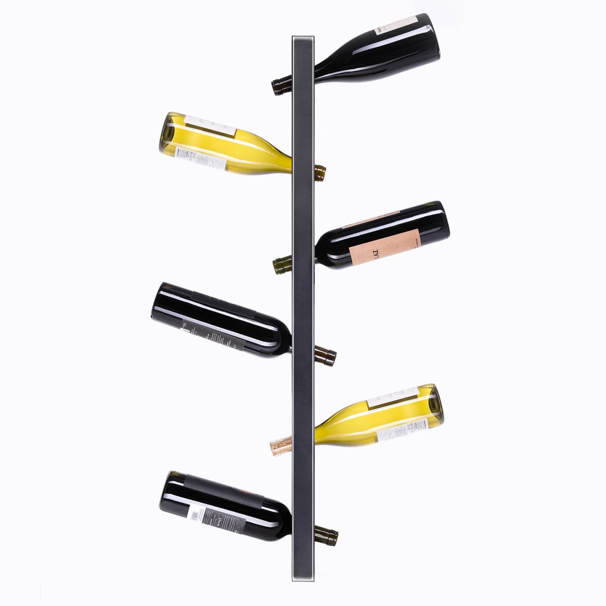 Modernes Weinregal aus Metall mit sechs Weinflaschen