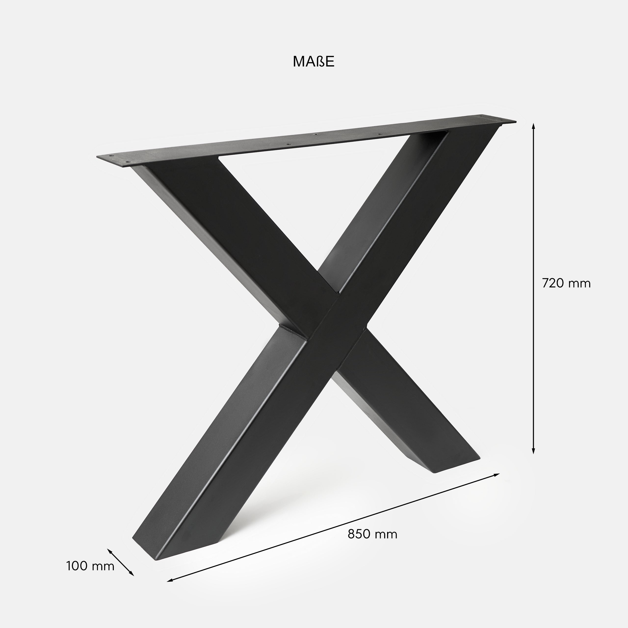 Ein schwarzes X-Tischgestell in den Maßen 85x72x10cm