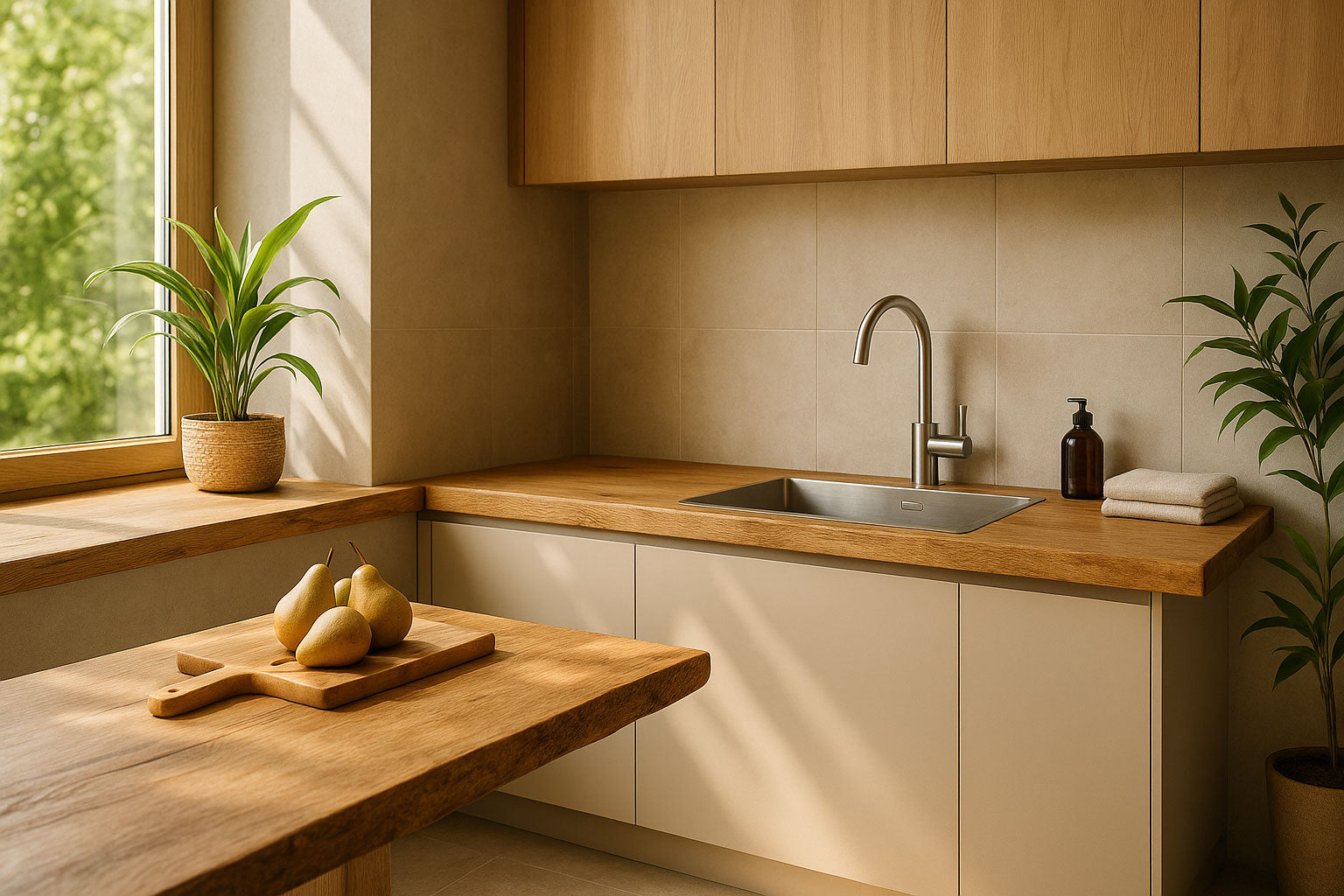 Moderne Küche mit massiver Arbeitsplatte aus Eiche mit Baumkante, integriertem Edelstahlspülbecken und hellen Fronten, dekoriert mit Pflanzen und Obst.