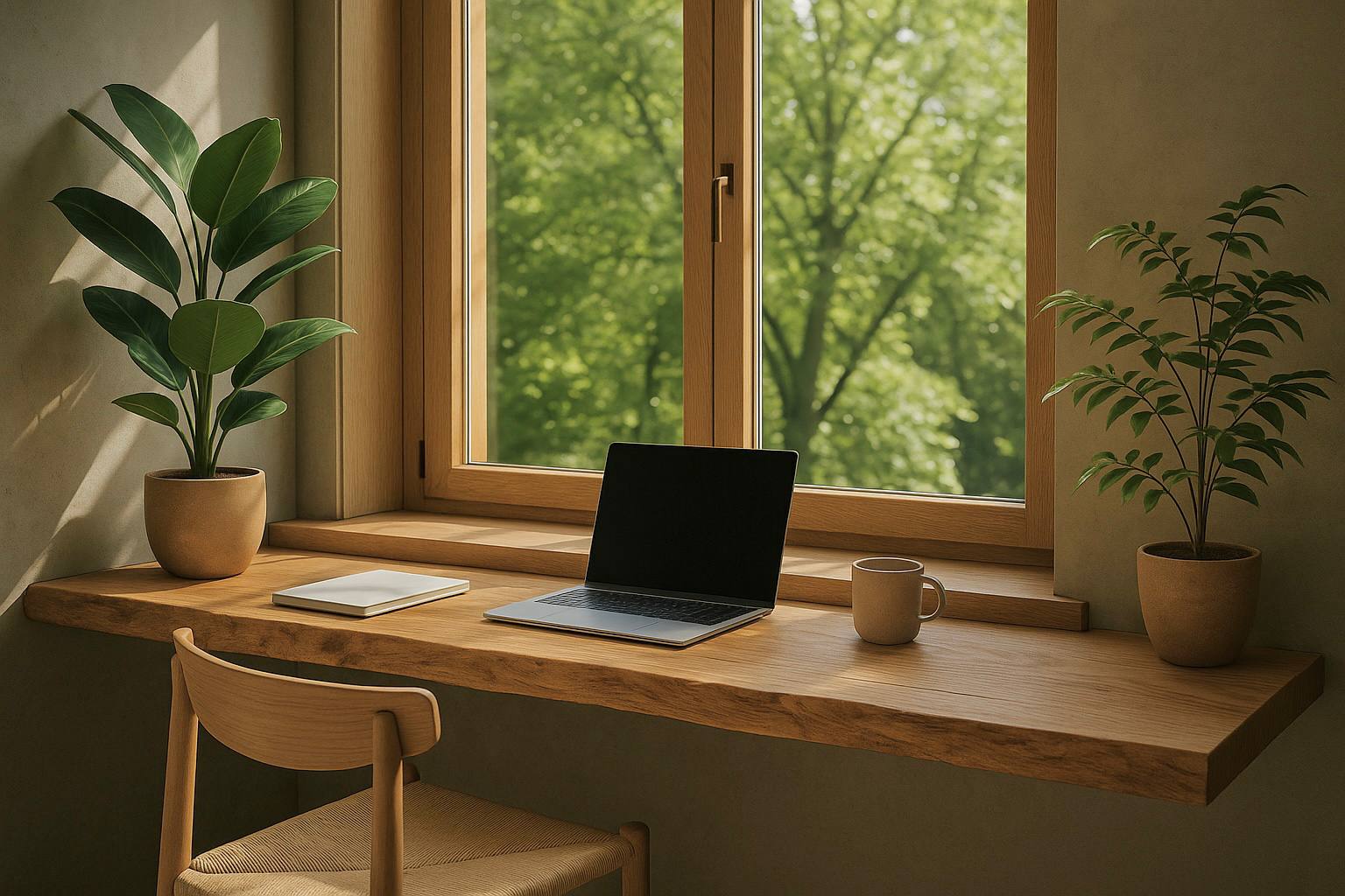 Heller Arbeitsplatz mit rustikaler Massivholzplatte als Fensterbank und dekorativen Zimmerpflanzen